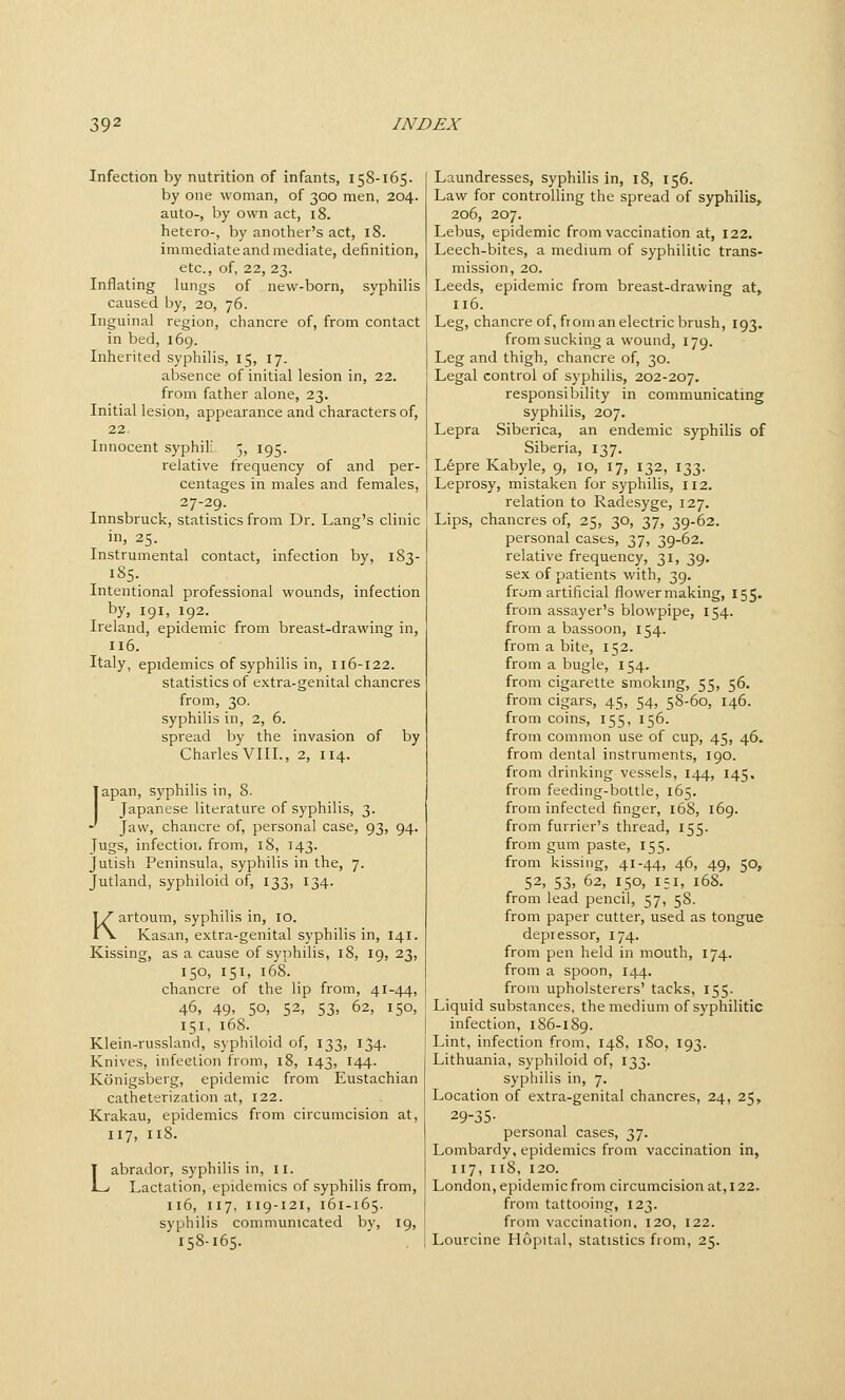 Infection by nutrition of infants, 158-165. by one woman, of 300 men, 204. auto-, by own act, 18. hetero-, by another's act, 18. immediate and mediate, definition, etc., of, 22, 23. Inflating lungs of new-born, syphilis caused by, 20, 76. Inguinal region, chancre of, from contact in bed, 169. Inherited syphilis, 15, 17. absence of initial lesion in, 22. from father alone, 23. Initial lesion, appearance and characters of, 22. Innocent syphil: 5, 195. relative frequency of and per- centages in males and females, 27-29. Innsbruck, statistics from Dr. Lang's clinic in, 25. Instrumental contact, infection by, 183- 185. Intentional professional wounds, infection by, 191, 192. Ireland, epidemic from breast-drawing in, 116. Italy, epidemics of syphilis in, 116-122. statistics of extra-genital chancres from, 30. syphilis in, 2, 6. spread by the invasion of by Charles VIII., 2, 114. Japan, syphilis in, 8. Japanese literature of syphilis, 3. Jaw, chancre of, personal case, 93, 94. Jugs, infectioii from, 18, 143. Jutish Peninsula, syphilis in the, 7. Jutland, syphiloid of, 133, 134. Kartoum, syphilis in, 10. Kasan, extra-genital syphilis in, 141. Kissing, as a cause of syphilis, 18, 19, 23, 150, 151, 168. chancre of the lip from, 41-44, 46, 49, 50, 52, 53, 62, 150, 151, 168. Klein-russland, syphiloid of, 133, 134. Knives, infection from, 18, 143, 144. Konigsberg, epidemic from Eustachian cathett;rization at, 122. Krakau, epidemics from circumcision at, 117, 118. Labrador, syphilis in, 11. Lactation, epidemics of syphilis from, 116, 117, 119-121, 161-165. syphilis communicated by, 19, 158-165. Laundresses, syphilis in, 18, 156. Law for controlling the spread of syphilis, 206, 207. Lebus, epidemic from vaccination at, 122. Leech-bites, a medium of syphilitic trans- mission, 20. Leeds, epidemic from breast-drawing at, 116. Leg, chancre of, from an electric brush, 193. from sucking a wound, 179. Leg and thigh, chancre of, 30. Legal control of syphilis, 202-207. responsibility in communicating syphilis, 207. Lepra Siberica, an endemic syphilis of Siberia, 137. Lepre Kabyle, 9, 10, 17, 132, 133. Leprosy, mistaken for syphilis, 112. relation to Radesyge, 127. Lips, chancres of, 25, 30, 37, 39-62. personal cases, 37, 39-62. relative frequency, 31, 39. sex of patients with, 39. from artificial flowermaking, 155. from assayer's blowpipe, 154. from a bassoon, 154. from a bite, 152. from a bugle, 154. from cigarette smoking, 55, 56. from cigars, 45, 54, 58-60, 146. from coins, 155, 156. from common use of cup, 45, 46. from dental instruments, 190. from drinking vessels, 144, 145. from feeding-bottle, 165. from infected finger, 168, 169. from furrier's thread, 155. from gum paste, 155. from kissing, 41-44, 46, 49, 50, 52, 53, 62, 150, 151, 168. from lead pencil, 57, 58. from paper cutter, used as tongue depiessor, 174. from pen held in mouth, 174. from a spoon, 144. from upholsterers' tacks, 155. Liquid substances, the medium of syphilitic infection, 186-189. Lint, infection from, 148, iSo, 193. Lithuania, syphiloid of, 133. syphilis in, 7. Location of extra-genital chancres, 24, 25, 29-35- personal cases, 37. Lombardy, epidemics from vaccination in, 117, Ii8, 120. London, epidemic from circumcision at, 122. from tattooing, 123. from vaccination, 120, 122. Lourcine Hopital, statistics from, 25.