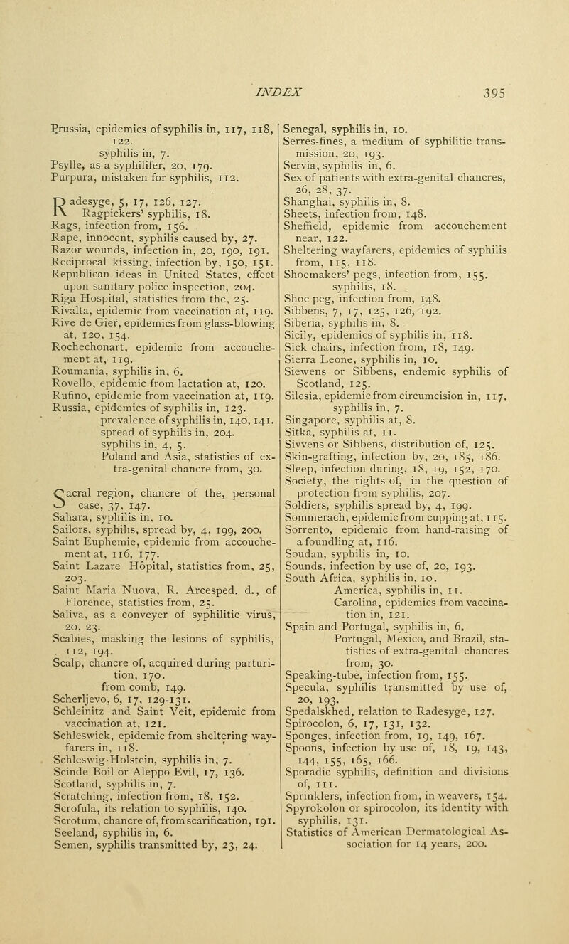 Prussia, epidemics of syphilis in, 117, 118, 122. syphilis in, 7. Psylle, as a syphilifer, 20, 179. Purpura, mistaken for syphilis, 112. Radesyge, 5, 17, 126, 127. Ragpickers' syphilis, 18. Rags, infection from, 156. Rape, innocent, syphilis caused by, 27. Razor wounds, infection in, 20, 190, 191. Reciprocal kissing, infection by, 150, 151. Republican ideas in United States, effect upon sanitary police inspection, 204. Riga Hospital, statistics from the, 25. Rivalta, epidemic from vaccination at, 119. Rive de Gier, epidemics from glass-blowing at, 120, 154. Rochechonart, epidemic from accouche- ment at, 119. Roumania, syphilis in, 6. Rovello, epidemic from lactation at, 120. Rufino, epidemic from vaccination at, 119. Russia, epidemics of syphilis in, 123. prevalence of syphilis in, 140, 141. spread of syphilis in, 204. syphilis in, 4, 5. Poland and Asia, statistics of ex- tra-genital chancre from, 30. Sacral region, chancre of the, personal case, 37, 147. Sahara, syphilis in, 10. Sailors, syphilis, spread by, 4, 199, 200. Saint Euphemie, epidemic from accouche- ment at, 116, 177. Saint Lazare Hopital, statistics from, 25, 203. Saint Maria Nuova, R. Arcesped. d., of Florence, statistics from, 25. Saliva, as a conveyer of syphilitic virus, 20, 23. Scabies, masking the lesions of syphilis, . 112, 194. Scalp, chancre of, acquired during parturi- tion, 170. from comb, 149. Scherljevo, 6, 17, 129-131. Schleinitz and Saict Veit, epidemic from vaccination at, 121. Schleswick, epidemic from sheltering way- farers in, 118. SchleswigHolstein, syphilis in, 7. Scinde Boil or Aleppo Evil, 17, 136. Scotland, syphilis in, 7. Scratching, infection from, 18, 152. Scrofula, its relation to syphilis, 140. Scrotum, chancre of, from scarification, 191, Seeland, syphilis in, 6. Semen, syphilis transmitted by, 23, 24. Senegal, syphilis in, 10. Serres-fines, a medium of syphilitic trans- mission, 20, 193. Servia, syphilis in, 6. Sex of patients with extra-genital chancres, 26, 28, 37. Shanghai, syphilis in, 8. Sheets, infection from, 148. Sheffield, epidemic from accouchement near, 122. Sheltering wayfarers, epidemics of syphilis from, 115, 118. Shoemakers' pegs, infection from, 155. syphilis, 18. Shoe peg, infection from, 148. Sibbens, 7, 17, 125, 126, 192. Siberia, syphilis in, 8. Sicily, epidemics of syphiHs in, 118. Sick chairs, infection from, 18, 149. Sierra Leone, syphilis in, 10. Siewens or Sibbens, endemic syphilis of Scotland, 125. Silesia, epidemic from circumcision in, 117. syphilis in, 7. Singapore, syphilis at, 8. Sitka, syphilis at, 11. Sivvens or Sibbens, distribution of, 125. Skin-grafting, infection by, 20, 185, 186. Sleep, infection during, 18, 19, 152, 170. Society, the rights of, in the question of protection from syphilis, 207. Soldiers, syphilis spread by, 4, 199. Sommerach, epidemic from cupping at, 115. Sorrento, epidemic from hand-raising of a foundling at, 116. Soudan, syphilis in, 10. Sounds, infection by use of, 20, 193. South Africa, syphilis in, 10. America, syphilis in, 11. Carolina, epidemics from vaccina- tion in, 121. Spain and Portugal, syphilis in, 6. Portugal, Mexico, and Brazil, sta- tistics of extra-genital chancres from, 30. Speaking-tube, infection from, 155. Specula, syphilis transmitted by use of, 20, 193. Spedalskhed, relation to Radesyge, 127. Spirocolon, 6, 17, 131, 132. Sponges, infection from, 19, 149, 167. Spoons, infection by use of, iS, 19, 143, 144, 155. 165, 166. Sporadic syphilis, definition and divisions of. III. Sprinklers, infection from, in weavers, 154. Spyrokolon or spirocolon, its identity with syphilis, 131. Statistics of American Dermatological As- sociation for 14 years, 200.