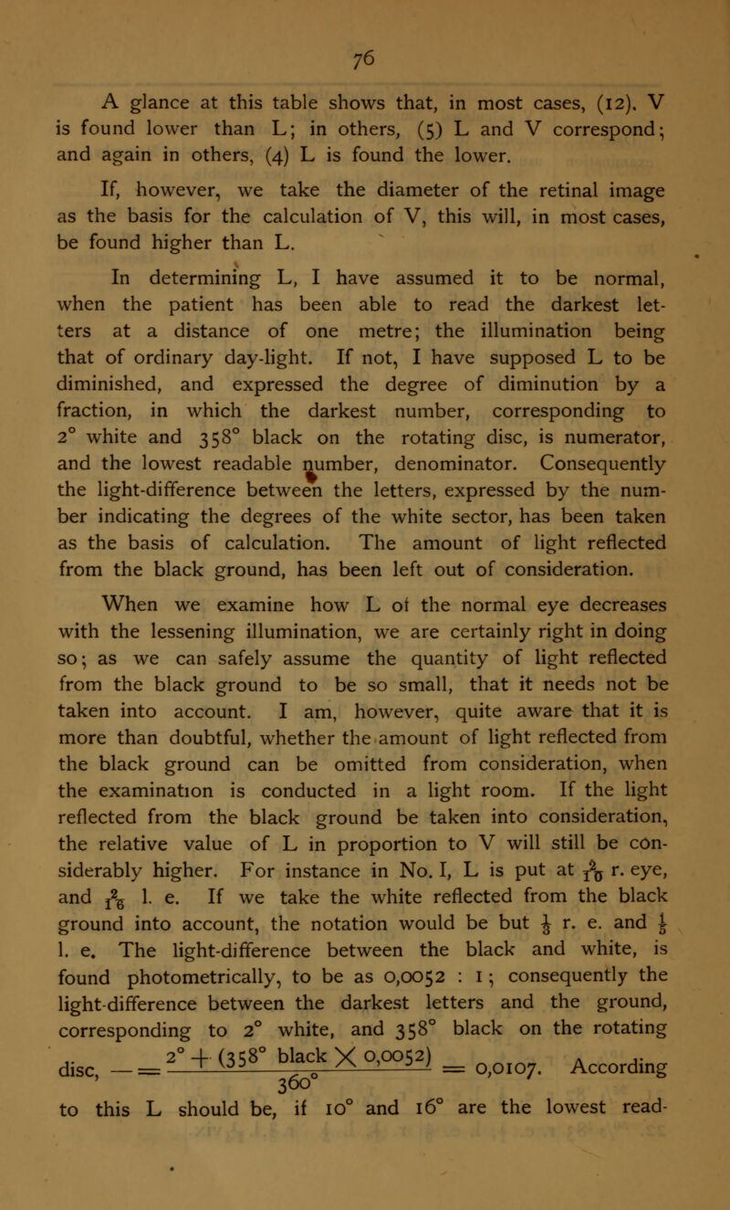 A glance at this table shows that, in most cases, (12). V is found lower than L; in others, (5) L and V correspond; and again in others, (4) L is found the lower. If, however, we take the diameter of the retinal image as the basis for the calculation of V, this will, in most cases, be found higher than L. In determining L, I have assumed it to be normal, when the patient has been able to read the darkest let- ters at a distance of one metre; the illumination being that of ordinary day-light. If not, I have supposed L to be diminished, and expressed the degree of diminution by a fraction, in which the darkest number, corresponding to 2° white and 3 5 8° black on the rotating disc, is numerator, and the lowest readable number, denominator. Consequently the light-difference between the letters, expressed by the num- ber indicating the degrees of the white sector, has been taken as the basis of calculation. The amount of light reflected from the black ground, has been left out of consideration. When we examine how L of the normal eye decreases with the lessening illumination, we are certainly right in doing so; as we can safely assume the quantity of light reflected from the black ground to be so small, that it needs not be taken into account. I am, however, quite aware that it is more than doubtful, whether the amount of light reflected from the black ground can be omitted from consideration, when the examination is conducted in a light room. If the light reflected from the black ground be taken into consideration, the relative value of L in proportion to V will still be con- siderably higher. For instance in No. I, L is put at T20 r. eye, and j2B 1. e. If we take the white reflected from the black ground into account, the notation would be but J r. e. and ^ 1. e. The light-difference between the black and white, is found photometrically, to be as 0,0052 : 1; consequently the light-difference between the darkest letters and the ground, corresponding to 2° white, and 3580 black on the rotating 2° 4- (3580 black X 0,0052) A ,. disc, — = —~ V03 s o —— = 0,0107. According 360 to this L should be, if io° and 16° are the lowest read-