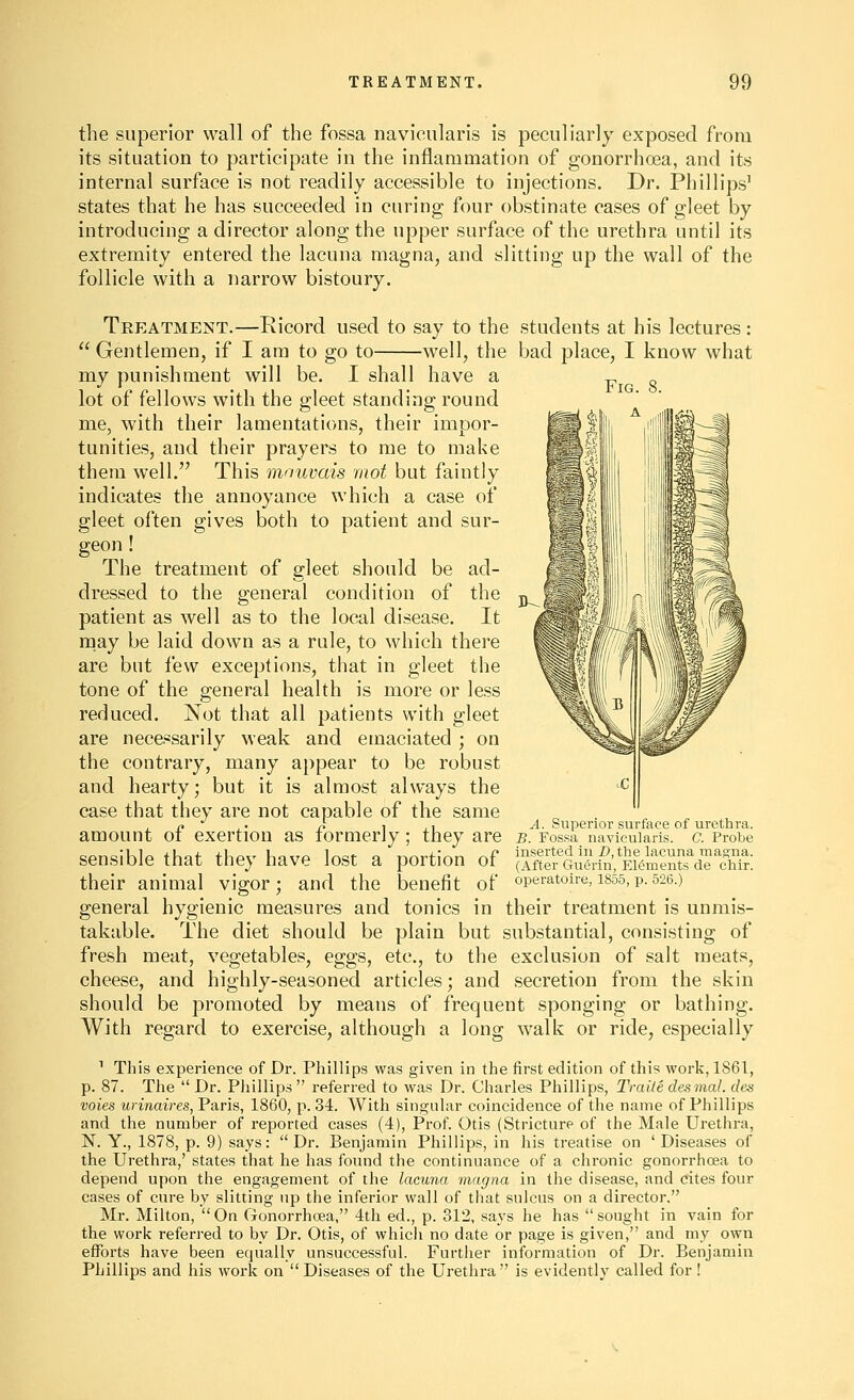 the superior wall of the fossa navicularis is peculiarly exposed from its situation to participate in the inflammation of gonorrhoea, and its internal surface is not readily accessible to injections. Dr. PhiHips' states that he has succeeded in curing four obstinate cases of gleet by introducing a director along the upper surface of the urethra until its extremity entered the lacuna magna, and slitting up the wall of the follicle with a narrow bistoury. Treatment.—Ricord used to say to the students at his lectures:  Gentlemen, if I am to go to well, the bad place, I know what my punishment will be. I shall have a f 9 lot of fellows with the gleet standing round me, with their lamentations, their impor- tunities, and their prayers to me to make them well. This mnuvais mot but faintly indicates the annoyance which a case of gleet often gives both to patient and sur- geon ! The treatment of gleet should be ad- dressed to the general condition of the patient as well as to the local disease. It rnay be laid down as a rule, to which there are but few exceptions, that in gleet the tone of the general health is more or less reduced. Not that all patients with gleet are necessarily weak and emaciated ; on the contrary, many appear to be robust and hearty; but it is almost always the case that they are not capable of the same n ,• A 1,1 A. Superior surface of urethra. amount ot exertion as tormerJy; they are b. Fossa navicularis. a Probe sensible that they have lost a portion of IStlL^r^'lf^nfeS^deS: their animal vigor; and the benefit of operatoire, i855, p. 526.) general hygienic measures and tonics in their treatment is unmis- takable. The diet should be plain but substantial, consisting of fresh meat, vegetables, eggs, etc., to the exclusion of salt meats, cheese, and highly-seasoned articles; and secretion from the skin shotild be promoted by means of frequent sponging or bathing. With regard to exercise, although a long walk or ride, especially ^ This experience of Dr. Phillips was given in the first edition of this work, 1861, p. 87. The Dr. Phillips referred to was Dr. Charles Phillips, Traile desvial. des voies urinaires, Paris, 1860, p. 34. With singular coincidence of the name of Phillips and the number of reported cases (4), Prof. Otis (Stricture of the Male Urethra, N. Y., 1878, p. 9) says: Dr. Benjamin Phillips, in his treatise on 'Diseases of the Urethra,' states that he has found the continuance of a chronic gonorrhoea to depend upon the engagement of the lacuna magna in the disease, and cites four cases of cure by slitting up the inferior wall of that sulcus on a director, Mr. Milton, On Gonorrhoea, 4th ed., p. 312, says he has sought in vain for the work referred to by Dr. Otis, of whicli no date or page is given, and my own efforts have been equally unsuccessful. Further information of Dr. Benjamin Phillips and his work on  Diseases of the Urethra is evidently called for!