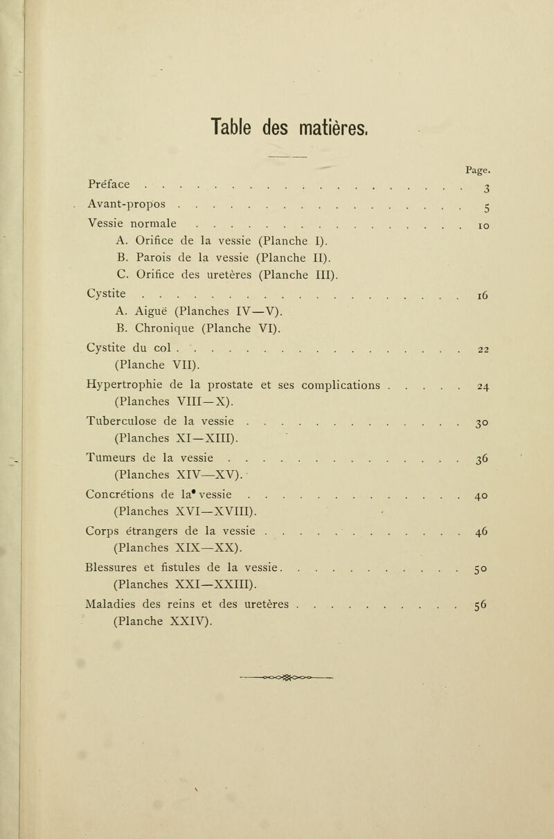 Table des matières, Page. Préface ; 3 Avant-propos r Vessie normale 10 A. Orifice de la vessie (Planche I). B. Parois de la vessie (Planche II). C. Orifice des uretères (Planche III). Cystite xs A. Aiguë (Planches IV—V). B. Chronique (Planche VI). Cystite du col 22 (Planche VII). Hypertrophie de la prostate et ses complications 24 (Planches VIII—X). Tuberculose de la vessie 30 (Planches XI—XIII). Tumeurs de la vessie 36 (Planches XIV—XV). Concre'tions de la* vessie 40 (Planches XVI—XVIII). Corps e'trangers de la vessie ■ . . 46 (Planches XIX—XX). Blessures et fistules de la vessie 50 (Planches XXI—XXIII). Maladies des reins et des uretères 56 (Planche XXIV).