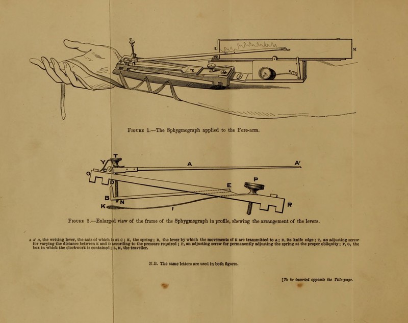 FiGrRE 1.—The Sphygmograph applied to the Fore-arm, Figure 2.—Enlarged view of the frame of the Sphygmograph in profile, shewing the arrangement of the levers. A a' a, the writing lever, the axis of which is at c ; K, the spring; B, the lever by which the movements of k are transmitted to a ; d, its knife edge; t, an adjusting screw for varying the distance between k and d according to the pressure required ; p, an adjusting screw for permanently adjusting the spring at the proper obliquity; p, g, the box in which the clockwork is contained; t, m, the traveller. K.B. The same letters are used in both figures. [Tb be inserted opposite the Title-page.