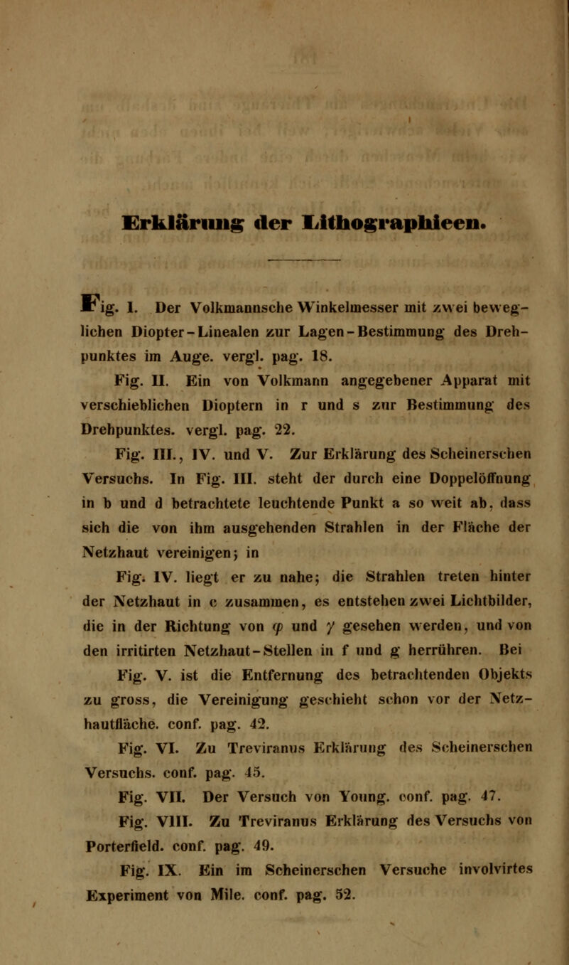 Erklärung der Iiitbographieen. *ig. I. Der Volkmannsche Winkelmesser mit zwei beweg- lichen Diopter-Linealen zur Lagen - Bestimmung des Dreh- punktes im Auge, vergl. pag. 18. Fig. II. Ein von Volkmann angegebener Apparat mit verschieblichen Dioptern in r und s zur Bestimmung des Drehpunktes, vergl. pag. 22. Fig. III., IV. und V. Zur Erklärung des Scheinerschen Versuchs. In Fig. III. steht der durch eine Doppelöffnung in b und d betrachtete leuchtende Punkt a so weit ab. dass sich die von ihm ausgehenden Strahlen in der Fläche der Netzhaut vereinigen j in Fig. IV. liegt er zu nahe; die Strahlen treten hinter der Netzhaut in e zusammen, es entstehen zwei Lichtbilder, die in der Richtung von rp und y gesehen werden, und von den irritirten Netzhaut-Stellen in f und g herrühren. Bei Fig. V. ist die Entfernung des betrachtenden Objekts zu gross, die Vereinigung geschieht schon vor der Netz- hautfläche, conf. pag. 42. Fig. VI. Zu Treviranus Erklärung des Scheinerschen Versuchs, conf. pag. 45. Fig. VII. Der Versuch von Young. conf. pag. 47. Fig. VIII. Zu Treviranus Erklärung des Versuchs von Porterfield. conf. pag. 49. Fig. IX. Ein im Scheinerschen Versuche involvirtes Experiment von Mile. conf. pag. 52.