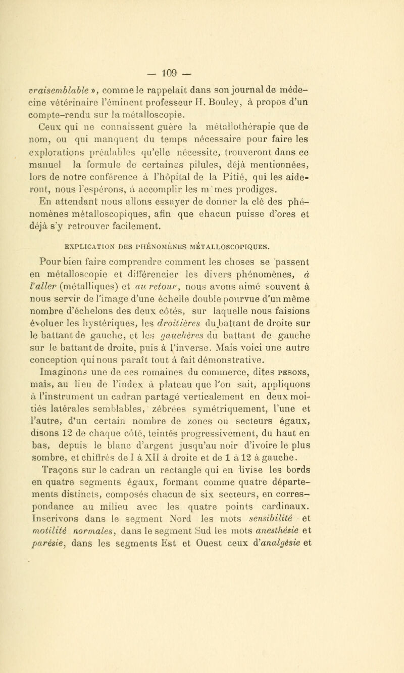 vraisemblable i>, comme le rappelait dans son journal de méde- cine vétérinaire Féminent professeur H. Boule}^, à propos d'un compte-rendu sur la métalloscopie. Ceux qui ne connaissent guère la métalîothérapie que de nom, ou qui manquent du temps nécessaire pour faire les explorations préalables qu'elle nécessite, trouveront dans ce manuel la formule de certaines pilules, déjà mentionnées, lors de notre conférence à l'hôpital de la Pitié, qui les aide- ront, nous l'espérons, à accomplir les m mes prodiges. En attendant nous allons essayer de donner la clé des phé- nomènes métalloscopiques, afin que chacun puisse d'ores et déjà s y retrouver facilement. EXPLICATION DES PHÉNOMÈNES METALLOSCOPIQUES. Pour bien faire comprendre comment les choses se passent en métalloscopie et différencier les divers phénomènes, à Valler (métalliques) et au retour, nous avons aimé souvent à nous servir de l'image d'une échelle double pourvue d'un même nombre d'échelons des deux côtés, sur laquelle nous faisions évoluer les hystériques, les droitièrcs du^battant de droite sur le battant de gauche, et les gauchères du battant de gauche sur le battant de droite, puis à l'inverse. Mais voici une autre conception qui nous paraît tout à fait démonstrative. Imaginons une de ces romaines du commerce, dites pesons, mais, au lieu de l'index à plateau que l'on sait, appliquons à l'instrument un cadran partagé verticalement en deux moi- tiés latérales semblables, zébrées symétriquement, l'une et l'autre, d'un certain nombre de zones ou secteurs égaux, disons 12 de chaque côté, teintés progressivement, du haut en bas, depuis le blanc d'argent jusqu'au noir d'ivoire le plus sombre, et chiffrés de I à XII à droite et de 1 à 12 à gauche. Traçons sur le cadran un rectangle qui en iivise les bords en quatre segments égaux, formant comme quatre départe- ments distincts, composés chacun de six secteurs, en corres- pondance au milieu avec les quatre points cardinaux. Inscrivons dans le segment Nord les mots sensibilité et motilité normales, dans le segment Sud les mots anesthésie et parésie, dans les segments Est et Ouest ceux d'analgésie et