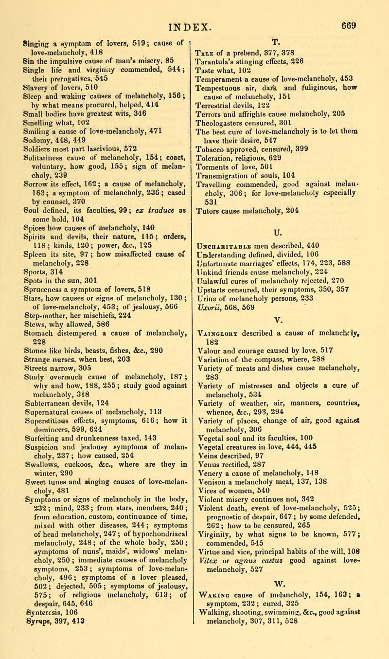 Singing a symptom of lovers, 519; cause of love-melancholy, 418 Sin the impulsive cause of man's misery, 85 Single life and virginiiy commended, 644; theii prerogatives, 545 Slavery of lovers, 510 Sleep and waking causes of melancholy, 156; by what means procured, helped, 414 Small bodies have greatest wits, 346 Smelling what, 102 Smiling a cause of love-melancholy, 471 Sodomy, 448, 449 Soldiers most part lascivious, 572 Solitariness cause of melancholy, 154; coact, voluntary, how good, 155; sign of melan- choly, 239 Sorrow its effect, 162; a cause of melancholy, 163; a symptom of melancholy, 236; eased by counsel, 370 Soul defined, its faculties, 99; ez traduce as some hold, 104 Spices how causes of melancholy, 140 Spirits and devils, their nature, 115; orders, 118; kinds, 120; power, «&c, 125 Spleen its site, 97; how misaffected cause of melancholy, 228 Sports, 314 Spots in the sun, 301 Spruceness a symptom of lovers, 518 Stars, how causes or signs of melancholy, 130 ; of love-melancholy, 453; of jealousy, 566 Step-mother, her mischiefs, 224 Stews, why allowed, 586 Stomach distempered a cause of melancholy, 228 Stones like birds, beasts, fishes, &c., 290 Strange nurses, when best, 203 Streets narrow, 305 Study overmuch cause of melancholy, 187; why and how, 188, 255; study good against melancholy, 318 Subterranean devils, 124 Supernatural causes of melancholy, 113 Superstitious effects, symptoms, 616; how it domineers, 599, 624 Surfeiting and drunkenness taxed, 143 Suspicion and jealousy symptoms of melan- choly, 237; how caused, 254 Swallows, cuckoos, &c., where are they in winter, 290 Sweet tunes and singing causes of love-melan- choly, 481 Symptoms or signs of melancholy in the body, 232; mind, 233; from stars, members, 240; from education, custom, continuance of time, mixed with other diseases, 244; symptoms of head melancholy, 247; of hypochondriacal melancholy, 248; of the whole body, 250; symptoms of nuns', maids', widows' melan- choly, 250 ; immediate causes of melancholy symptoms, 253; symptoms of love-melan- choly, 496; symptoms of a lover pleased, 502 ; dejected, 505 ; symptoms of jealousy, 575; of religious melancholy, 613; of despair, 645, 646 Syntercsis, 106 Syrups, 397, 413 Tai,e of a prebend, 377, 378 Tarantula's stinging effects, 226 Taste what, 103 Temperament a cause of love-melancholy, 453 Tempestuous air, dark and fuliginous, hov» cause of melancholy, 151 Terrestrial devils, 122 Terrors and affrights cause melancholy, 205 Theologasters censured, 301 The best cure of love-melancholy is to let them have their desire, 547 Tobacco approved, censured, 399 Toleration, religious, 629 Torments of love, 501 Transmigration of souls, 104 Travelling commended, good against melan- choly, 306; for love-melancholy especially 531 Tutors cause melancholy, 204 U. Unchahitable men described, 440 Understanding defined, divided, 106 I/nfortunate marriages' effects, 174, 223, 588 Unkind friends cause melancholy, 224 Unlawful cures of melancholy rejected, 270 Upstarts censured, their symptoms, 350, 357 Urine of melancholy persons, 233 Uxorii, 568, 569 Vainglort described a cause of melanchdy, 182 Valour and courage caused by love, 517 Variation of the compass, where, 288 Variety of meats and dishes cause melancholy, 283 Variety of mistresses and objects a cure of melancholy, 534 Variety of weather, air, manners, countries, whence, «&c., 293, 294 Variety of places, change of air, good agaiiist melancholy, 306 Vegetal soul and its faculties, 100 Vegetal creatures in love, 444, 445 Veins described, 97 Venus rectified, 287 Venery a cause of melancholy, 148 Venison a melancholy meat, 137, 138 Vices of women, 540 Violent misery continues not, 342 Violent death, event of love-melancholy, 525; prognostic of despair, 647 ; by some defended, 262; how to be censured, 265 Virginity, by what signs to be known, 577; commended, 545 Virtue and vice, principal habits of the will, 108 Vitex or agnus castus good against love- melancholy, 527 W. Wakiito cause of melancholy, 154, 163; a symptom, 232 ; cured, 325 Walking, shooting, swimming, &c., good against melancholy, 307, 311, 538