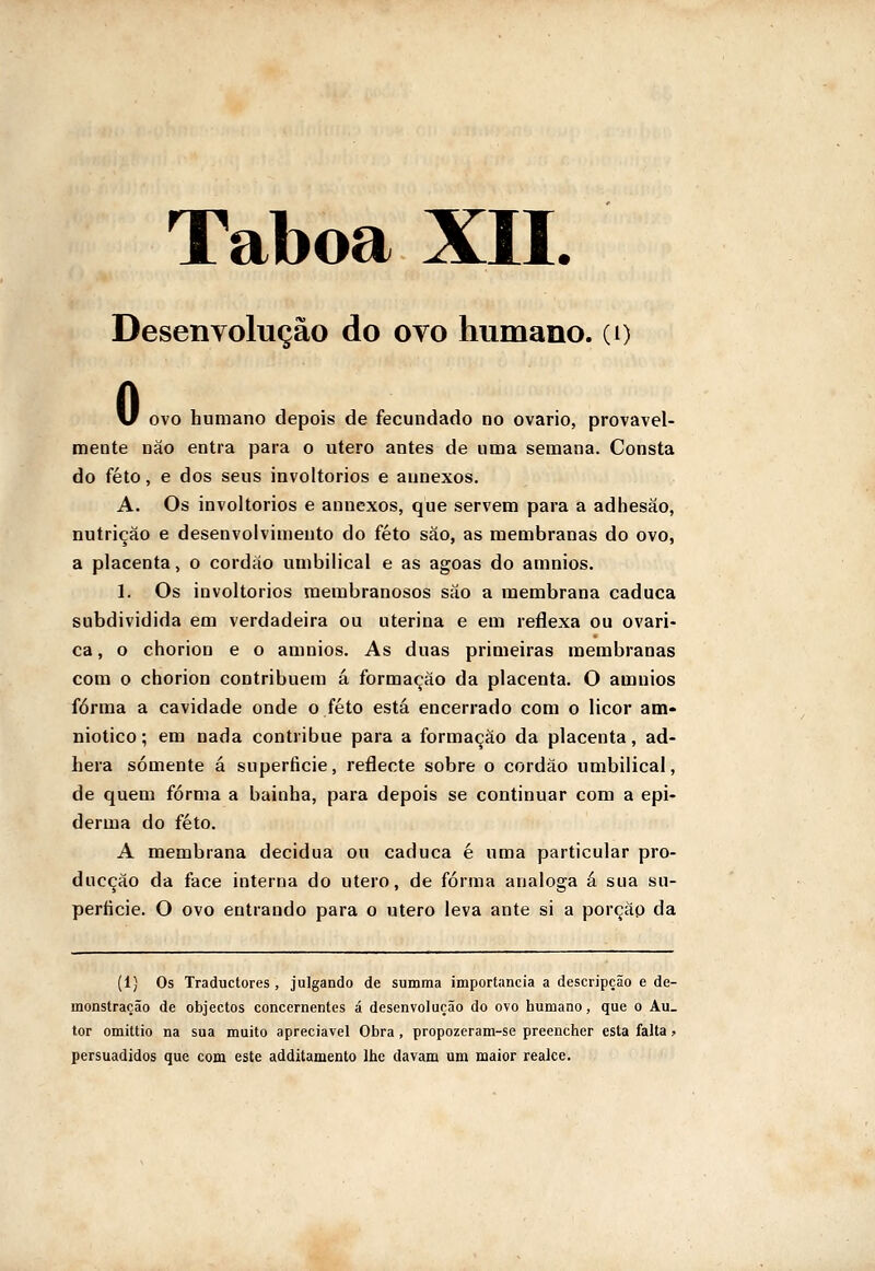 Desenvoluçào do ovo humano. (O \j ovo humano depois de fecundado no ovário, provavel- mente não entra para o útero antes de uma semana. Consta do feto, e dos seus involtorios e annexos. A. Os involtorios e annexos, que servem para a adhesão, nutrição e desenvolvimento do feto são, as membranas do ovo, a placenta, o cordão umbilical e as agoas do amnios. 1. Os involtorios raembranosos são a membrana caduca subdividida em verdadeira ou uterina e em reflexa ou ovari- ca, o chorion e o amnios. As duas primeiras membranas com o chorion contribuem á formação da placenta. O amnios forma a cavidade onde o feto está encerrado com o licor am* niotico; em nada contribue para a formação da placenta, ad- hera somente á superfície, reflecte sobre o cordão umbilical, de quem forma a bainha, para depois se continuar com a epi- derma do feto. A membrana decidua ou caduca é uma particular pro- ducçáo da face interna do útero, de forma análoga á sua su- períicie. O ovo entrando para o útero leva ante si a porção da (1) Os Traductores , julgando de summa importância a descripção e de- monstração de objectos concernentes á desenvoluçào do ovo humano, que o Au- tor omittio na sua muito apreciável Obra, propozeram-se preencher esta falta ? persuadidos que com este additamento lhe davam um maior realce.