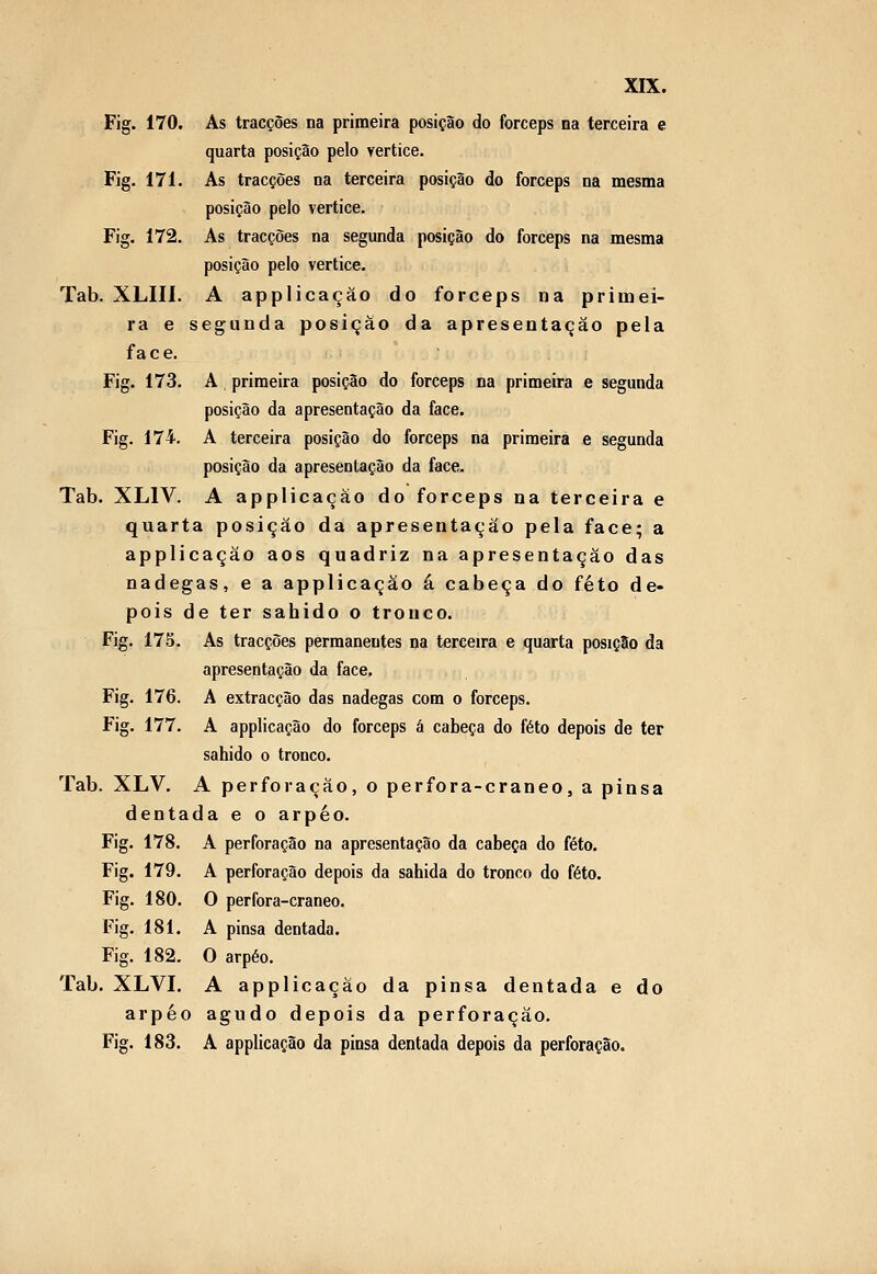 Fig. 170. As tracções na primeira posição do fórceps na terceira e quarta posição pelo vértice. Fig. 171. As tracções na terceira posição do fórceps na mesma posição pelo vértice. Fig. 172. As tracções na segunda posição do fórceps na mesma posição pelo vértice. Tab. XLIII. A applicaçáo do fórceps na primei- ra e segunda posição da apresentação pela f a c e. Fig. 173. A primeira posição do fórceps na primeira e segunda posição da apresentação da face. Fig. 174. A terceira posição do fórceps na primeira e segunda posição da apresentação da face. Tab. XLIV. A applicaçáo do fórceps na terceira e quarta posição da apresentação pela face; a applicaçáo aos quadriz na apresentação das nádegas, e a applicaçáo á cabeça do feto de- pois de ter sabido o tronco. Fig. 175. As tracções permanentes na terceira e quarta posiçSo da apresentação da face. Fig. 176. A extracção das nádegas com o fórceps. Fig. 177. A applicaçáo do fórceps á cabeça do feto depois de ter sabido o tronco. Tab. XLV. A perforação, o perfora-craneo, a pinsa dentada e o arpe o. Fig. 178. A perforação na apresentação da cabeça do feto. Fig. 179. A perforação depois da sabida do tronco do feto. Fig. 180. O perfora-craneo. Fig. 181. A pinsa dentada. Fig. 182. O arpéo. Tab. XLVI. A applicaçáo da pinsa dentada e do arpéo agudo depois da perforação. Fig. 183. A applicaçáo da pinsa dentada depois da perforação.