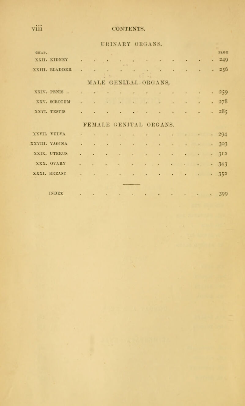 \ III CHIP. Wll. KIDVB1 BLADDBB WIN. 11 Ms . \\\. ' \\\I. TKSTIS XXVII. VULVA XXVIII. VAGINA XXIX. UTERUS \x\. OVARY XXXI. BREAST « ONI EM re. ri:i.\ \ i:v ORG MALE iii:.\i:iAI. ORGANS. FEMALE GENITAL ORGANS 256 259 278 294 303 343 352 399