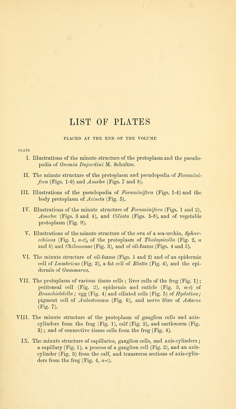 LIST OF PLATES PLACED AT THE END OF THE VOLUME I. Illustrations of the minute structure of the protoplasm and the pseudo- podia of Gromia Dujardini M. Schultze. II. The minute structure of the protoplasm and pseudopodia of Foramini- fera (Figs. 1-6) and Ameebce (Figs. 7 and 8). III. Illustrations of the pseudopodia of Foraminifera (Figs. 1-4) and the body protoplasm of Acineta (Fig. 5). IV. Illustrations of the minute structure of Foraminifera (Figs. 1 and 2), Amcebce (Figs. 3 and 4), and Ciliata (Figs. 5-8), and of vegetable protoplasm (Fig. 9). V. Illustrations of the minute structure of the ova of a sea-urchin, Sphcer- echinus (Fig. 1, a-c), of the protoplasm of Thalassicolla (Fig. 2, a and b) and Chilomonas (Fig. 3), and of oil-foams (Figs. 4 and 5). VI. The minute structure of oil-foams (Figs. 1 and 2) and of an epidermic cell of Lumbricus (Fig. 3), a fat cell of Blatta (Fig. 4), and the epi- dermis of Gammarus. VII. The protoplasm of various tissue cells ; liver cells of the frog (Fig. 1); peritoneal cell (Fig. 2), epidermis and cuticle (Fig. 3, a-c) of BrancMobdella; egg (Fig. 4) and ciliated cells (Fig. 5) of Hydatina; pigment cell of Aulastomum (Fig. 6), and nerve fibre of Astacus (Fig- 7). VIII. The minute structure of the protoplasm of ganglion cells and axis- cylinders from the frog (Fig. 1), calf (Fig. 2), and earthworm (Fig. 3); and of connective tissue cells from the frog (Fig. 4). IX. The minute structure of capillaries, ganglion cells, and axis-cylinders ; a capillary (Fig. 1), a process of a ganglion cell (Fig. 2), and an axis- cylinder (Fig. 3) from the calf, and transverse sections of axis-cylin-