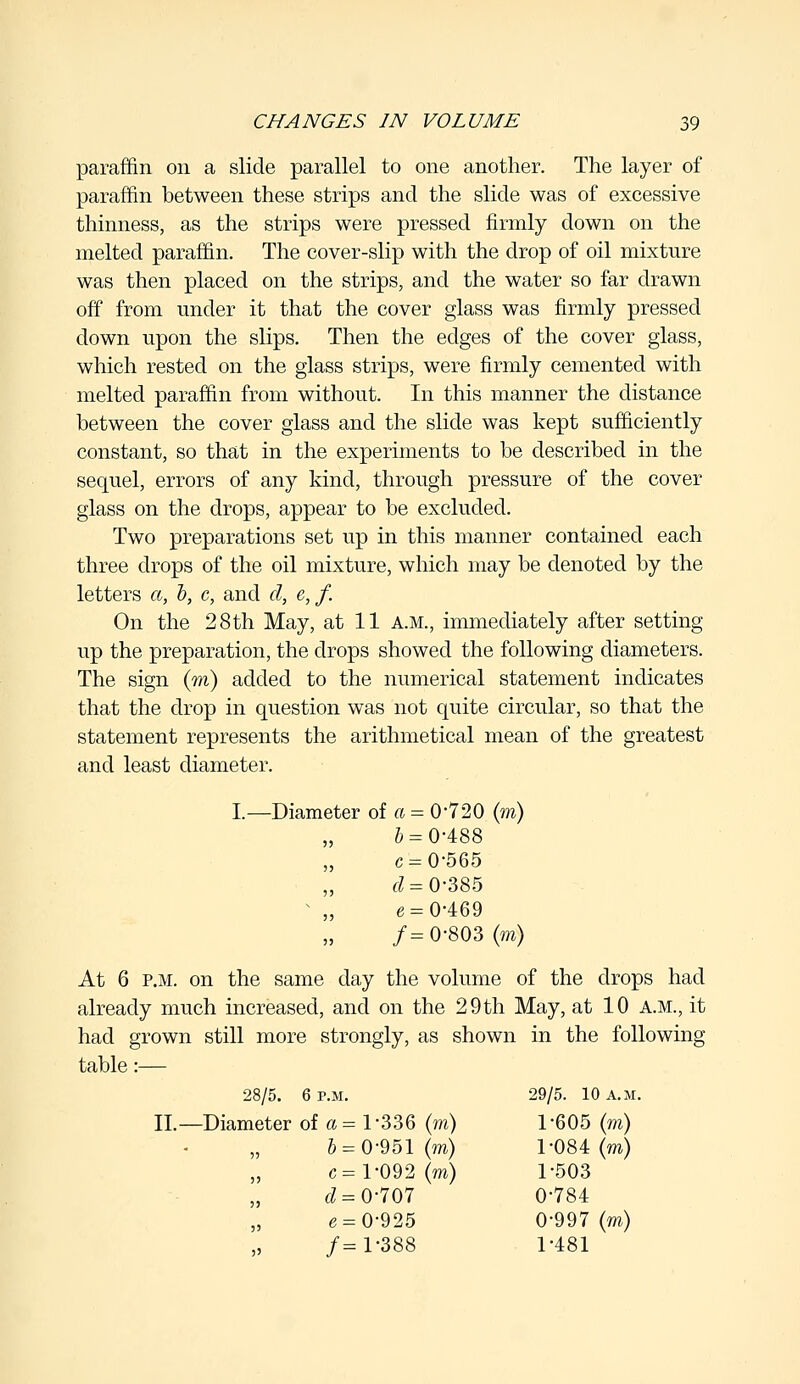 paraffin on a slide parallel to one another. The layer of paraffin between these strips and the slide was of excessive thinness, as the strips were pressed firmly down on the melted paraffin. The cover-slip with the drop of oil mixture was then placed on the strips, and the water so far drawn off from under it that the cover glass was firmly pressed down upon the slips. Then the edges of the cover glass, which rested on the glass strips, were firmly cemented with melted paraffin from without. In this manner the distance between the cover glass and the slide was kept sufficiently constant, so that in the experiments to be described in the sequel, errors of any kind, through pressure of the cover glass on the drops, appear to be excluded. Two preparations set up in this manner contained each three drops of the oil mixture, which may be denoted by the letters a, b, c, and d, e,f. On the 28th May, at 11 a.m., immediately after setting up the preparation, the drops showed the following diameters. The sign (m) added to the numerical statement indicates that the drop in question was not quite circular, so that the statement represents the arithmetical mean of the greatest and least diameter. L—Diameter of a = 0-720 (m) 5 = 0-488 c = 0-565 d = 0-385 e = 0-469 /= 0-803 (m) At 6 p.m. on the same day the volume of the drops had already much increased, and on the 29 th May, at 10 A.M., it had grown still more strongly, as shown in the following table:— 28/5. 6 p.m. 29/5. 10 a.m. II.—Diameter of a = 1*336 (m) 1-605 (m) b = 0-951 (m) 1-084 (m) c= 1-092 (m) 1-503 d = 0-707 0-784 e = 0-925 0-997 (m) /= 1-388 1-481