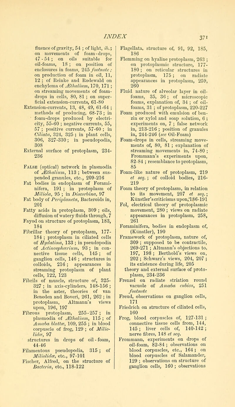 fluence of gravity, 54 ; of light, ib.; on movements of foam-drops, 47 - 54; on oils suitable for oil-foams, 18 ; on position of enclosures in foams, 245 footnote; on production of foam in oil, 11, 12 ; of Reinke and Rodewald on enchylema of jUtlialium, 170, 171; on streaming movements of foam- drops in cells, 80, 81 ; on super- ficial extension-currents, 61-80 Extension-currents, 13, 48, 49, 61-64 ; methods of producing, 68-73 ; in ' foam-drops produced by electri- city, 55-60 ; negative currents, 55, 57 ; positive currents, 57-60 ; in Ciliata, 324, 325 ; in plant cells, 306, 327-330; in pseudopodia, 308 External surface of protoplasm, 234- 236 False (optical) network in plasmodia of JEthalium, 113 ; between sus- pended granules, etc., 209-216 Fat bodies in endoplasm of Forami- nifera, 191 ; in protoplasm of Miliola, 95 ; in Discorbina, 97 Fat body of Periplaneta, Bacteroids in, 201 Fatty acids in protoplasm, 309 ; oils, diffusion of watery fluids through, 7 Fayod on structure of protoplasm, 183, 184 Fibrillar theory of protoplasm, 177- 184 ; protoplasm in ciliated cells of Hydatina, 133 ; in pseudopodia of Actinosphcerium, 93 ; in con- nective tissue cells, 145; of ganglion cells, 146 ; structures in colloids, 216; appearances in streaming protoplasm of plant cells, 122, 123 Fibrils of muscle, structure of, 325- 327 ; in axis-cylinders, 148-156 ; in the aster, theories of van Beneden and Boveri, 261, 262 ; in protoplasm, Altmann's views upon, 196, 197 Fibrous protoplasm, 255-257 ; in plasmodia of JEthalium, 115 ; of Amceba blattce, 109, 255 ; in blood corpuscle of frog, 129 ; of Milio- lidoe, 97 structures in drops of oil - foam, 44-46 Filamentous pseudopodia, 315 ; of Miliolidce, etc., 97-101 Fischer, Alfred, on the structure of Bacteria, etc., 118-122 Flagellata, structure of, 91, 92, 185, 186 Flemming on hyaline protoplasm, 263 ; on protoplasmic structure, 177- 180 ; on reticular structures in protoplasm, 175 ; on radiate appearances in protoplasm, 259, 260 Fluid nature of alveolar layer in oil- foams, 35, 36; of microscopic foams, explanation of, 34 ; of oil- foams, 31 ; of protoplasm, 220-227 Foam produced with emulsion of ben- zin or xylol and soap solution, 6 ; experiments on, 7 ; false network in, 213-216 ; position of granules in, 244-246 [see Oil-Foam) Foam-drops in cells, streaming move- ments of, 80, 81 ; explanation of streaming movements in, 74-80 ; Frommann's experiments upon, 82-84 ; resemblance to protoplasm, 85 Foam-like nature of protoplasm, 219 et seq. ; of colloid bodies, 216- 219 Foam theory of protoplasm, in relation to its movement, 207 et seq.; Kunstler's criticisms upon,'186-191 Fol, electrical theory of protoplasmic movement, 280 ; views on radiate appearances in protoplasm, 258, 261 Foraminifera, bodies in endoplasm of, (Kiinstler), 190 Framework of protoplasm, nature of, 309 ; supposed to be contractile, 269-271 ; Altmann's objections to, 197, 198; Berthold's views on, 202 ; Schwarz's views, 204, 207 ; its existence during life, 205 theory and external surface of proto- plasm, 234-236 Frenzel on radiate striation round vacuole of Amceba cubica, 251 footnote Freud, observations on ganglion cells, 171 Friedrich on structure of ciliated cells, 160 Frog, blood corpuscles of, 127-131 ; connective tissue cells from, 144, 145; liver cells of, 140-142; nerve fibres, 148 et seq. Frommann, experiments on drops of oil-foam, 82-84 ; observations on blood corpuscles, etc., 164; on blood corpuscles of Salamander, 129 ; observations on structure of ganglion cells, 160 ; observations