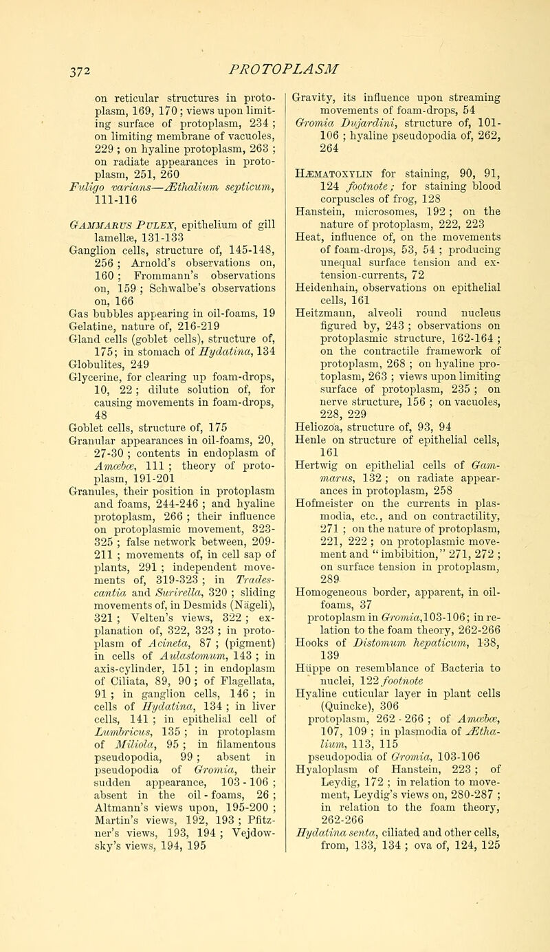 on reticular structures in proto- plasm, 169, 170; views upon limit- ing surface of protoplasm, 234 ; on limiting membrane of vacuoles, 229 ; on hyaline protoplasm, 263 ; on radiate appearances in proto- plasm, 251, 260 Fuligo varians—JEtlialium septicum, 111-116 Gammarus Pulex, epithelium of gill lamellse, 131-133 Ganglion cells, structure of, 145-148, 256 ; Arnold's observations on, 160 ; Frommann's observations on, 159 ; Schwalbe's observations on, 166 Gas bubbles appearing in oil-foams, 19 Gelatine, nature of, 216-219 Gland cells (goblet cells), structure of, 175; in stomach of Hydatina, 134 Globulites, 249 Glycerine, for clearing up foam-drops, 10, 22; dilute solution of, for causing movements in foam-drops, 48 Goblet cells, structure of, 175 Granular appearances in oil-foams, 20, 27-30 ; contents in endoplasm of Amcebce, 111 ; theory of proto- plasm, 191-201 Granules, their position in protoplasm and foams, 244-246 ; and hyaline protoplasm, 266 ; their influence on protoplasmic movement, 323- 325 ; false network between, 209- 211 ; movements of, in cell sap of plants, 291 ; independent move- ments of, 319-323 ; in Trades- cantia and Surirella, 320 ; sliding movements of, in Desmids (Nageli), 321 ; Velten's views, 322; ex- planation of, 322, 323 ; in proto- plasm of Acineta, 87 ; (pigment) in cells of Aulastomum, 143 ; in axis-cylinder, 151 ; in endoplasm of Ciliata, 89, 90; of Flagellata, 91 ; in ganglion cells, .146; in cells of Hydatina, 134 ; in liver cells, 141 ; in epithelial cell of Lumbricus, 135; in protoplasm of Miliola, 95 ; in filamentous pseudopodia, 99 ; absent in pseudopodia of Gromia, their sudden appearance, 103 -106 absent in the oil - foams, 26 Altmann's views upon, 195-200 Martin's views, 192, 193 ; Pfitz ner's views, 193, 194; Vejdow sky's views, 194, 195 Gravity, its influence upon streaming movements of foam-drops, 54 Gromia Dujardini, structure of, 101- 106 ; hyaline pseudopodia of, 262, 264 Hematoxylin for staining, 90, 91, 124 footnote; for staining blood corpuscles of frog, 128 Hanstein, microsomes, 192; on the nature of protoplasm, 222, 223 Heat, influence of, on the movements of foam-drops, 53, 54 ; producing unequal surface tension and ex- tension-currents, 72 Heidenhain, observations on epithelial cells, 161 Heitzmann, alveoli round nucleus figured by, 243 ; observations on protoplasmic structure, 162-164 ; on the contractile framework of protoplasm, 268 ; on hyaline pro- toplasm, 263 ; views upon limiting surface of protoplasm, 235 ; on nerve structure, 156 ; on vacuoles, 228, 229 Heliozoa, structure of, 93, 94 Henle on structure of epithelial cells, 161 Hertwig on epithelial cells of Gam- marus, 132; on radiate appear- ances in protoplasm, 258 Hofmeister on the currents in Plas- modia, etc., and on contractility, 271 ; on the nature of protoplasm, 221, 222 ; on protoplasmic move- ment and  imbibition, 271, 272 ; on surface tension in protoplasm, 289- Homogeneous border, apparent, in oil- foams, 37 protoplasm in (?romia, 103-106; in re- lation to the foam theory, 262-266 Hooks of Distomum hepaticum, 138, 139 Hiippe on resemblance of Bacteria to nuclei, 122 footnote Hyaline cuticular layer in plant cells (Quincke), 306 protoplasm, 262 - 266 ; of Amcebce, 107, 109 ; in plasmodia of jEtha- lium, 113, 115 pseudopodia of Gromia, 103-106 Hyaloplasm of Hanstein, 223 ; of Leydig, 172 ; in relation to move- ment, Leydig's views on, 280-287 ; in relation to the foam theory, 262-266 Hydatina senta, ciliated and other cells, from, 133, 134 ; ova of, 124, 125