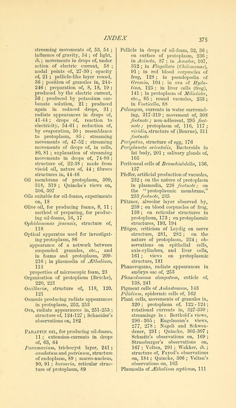 streaming movements of, 53, 54 ; influence of gravity, 54 ; of light, ib.; movements in drops of, under action of electric current, 58 ; nodal points of, 27-30 ; opacity of, 21 ; pellicle-like layer round, 36 ; position of granules in, 244- 246 ; preparation of, 8, 18, 19 ; produced by the electric current, 56 ; produced by potassium car- bonate solution, 21 ; produced again in reduced drops, 31 ; radiate appearances in drops of, 41-44; drops of, reaction to electricity, 54-61 ; reduction of, by evaporation, 30 ; resemblance to protoplasm, 85 ; streaming movements of, 47-52 ; streaming movements of drops of, in cells, 80, 81 ; explanation of streaming movements in drops of, 74-80; structure of, 22-38 ; made from viscid oil, nature of, 44 ; fibrous structures in, 44-46 Oil membrane of protoplasm, 309, 318, 319 ; Quincke's views on, 306, 307 Oils suitable for oil-foams, experiments on, 18 Olive oil, for producing foams, 8, 11 ; method of preparing, for produc- ing oil-foams, 16, 17 Ophidomonas jenensis, structure of, 118 Optical apparatus used for investigat- ing protoplasm, 86 appearance of a network between suspended granules, etc., and in foams and protoplasm, 209- 216 ; in plasmodia of JEtludium, 113 properties of microscopic foam, 23 Organisation of protoplasm (Brticke), 220, 221 Oscillarice, structure of, 118, 120, 121 Osmosis producing radiate appearances in protoplasm, 252, 253 Ova, radiate appearances in, 251-253 ; structure of, 124-127 ; Schneider's observations on, 182 Paraffin oil, for producing oil-foams, 11 ; extension-currents in drops of, 63, 64 Paramcecium, trichocyst layer, 241 ; caudatum andputrinum, structure of endoplasm, 89 ; macro-nucleus, 90, 91 ; bursaria, reticular struc- ture of protoplasm, 89 Pellicle in drops of oil-foam, 32, 36 ; on surface of protoplasm, 236; in Acineta, 87; in AmceJjce, 107, 312 ; in Flagellata {Chilomonas), 91 ; in red blood corpuscles of frog, 128 ; in pseudopodia of Gromia, 104 ; in ova of Hyda- Una, 125 : in liver cells (frog), 141 ; in protoplasm of Miliolidoe, etc., 95; round vacuoles, 233; in Vorticella, 88 Pelomyxcc, currents in water surround- ing, 317-319 ; movement of, 308 footnote; non-adherent, 295 foot- note; protoplasm of, 116, 117 ; viridis, structure of (Bourne), 311 footnote Peripatus, structure of egg, 176 Periplaneta orientalis, Bacteroids in fat body, 201; salivary glands of, 105 Peritoneal cells of Branchiobdella, 136, 137 Pfeffer, artificial production of vacuoles, 232 ; on the nature of protoplasm in plasmodia, 226 footnote; on the protoplasmic membrane, 233 footnote, 235 Pfitzner, alveolar layer observed by, 239 ; on blood corpuscles of frog, 130 ; on reticular structures in protoplasm, 173 ; on protoplasmic structures, 193, 194 Pfltiger, criticism of Leydig on nerve structure, 281, 282 ; on the nature of protoplasm, 224 ; ob- servations on epithelial cells, axis-cylinders, and liver cells, 161 ; views on protoplasmic structure, 181 Phanerogams, radiate appearances in embryo sac of, 253 Phascolosoma elongatum, cuticle of, 138, 241 Pigment cells of Aidastomum, 143 Pilidium, epidermic cells of, 162 Plant cells, movements of granules in, 320 ; protoplasm of, 122 -124 ; rotational currents in, 327-330 ; streamings in : Berthold's views, 290 - 305 ; Engelmann's views, 277, 278 ; Nageli and Schwen- dener, 291 ; Quincke, 305-307; Schmitz's observations on, 169 ; Strassburger's observations on, 167 ; Velten, 291 ; Wakker, ib. ; structure of, Fayod s observations on, 184 ; Quincke, 306 ; Velten's observations on, 165 Plasmodia of JEthalium septicum, 111