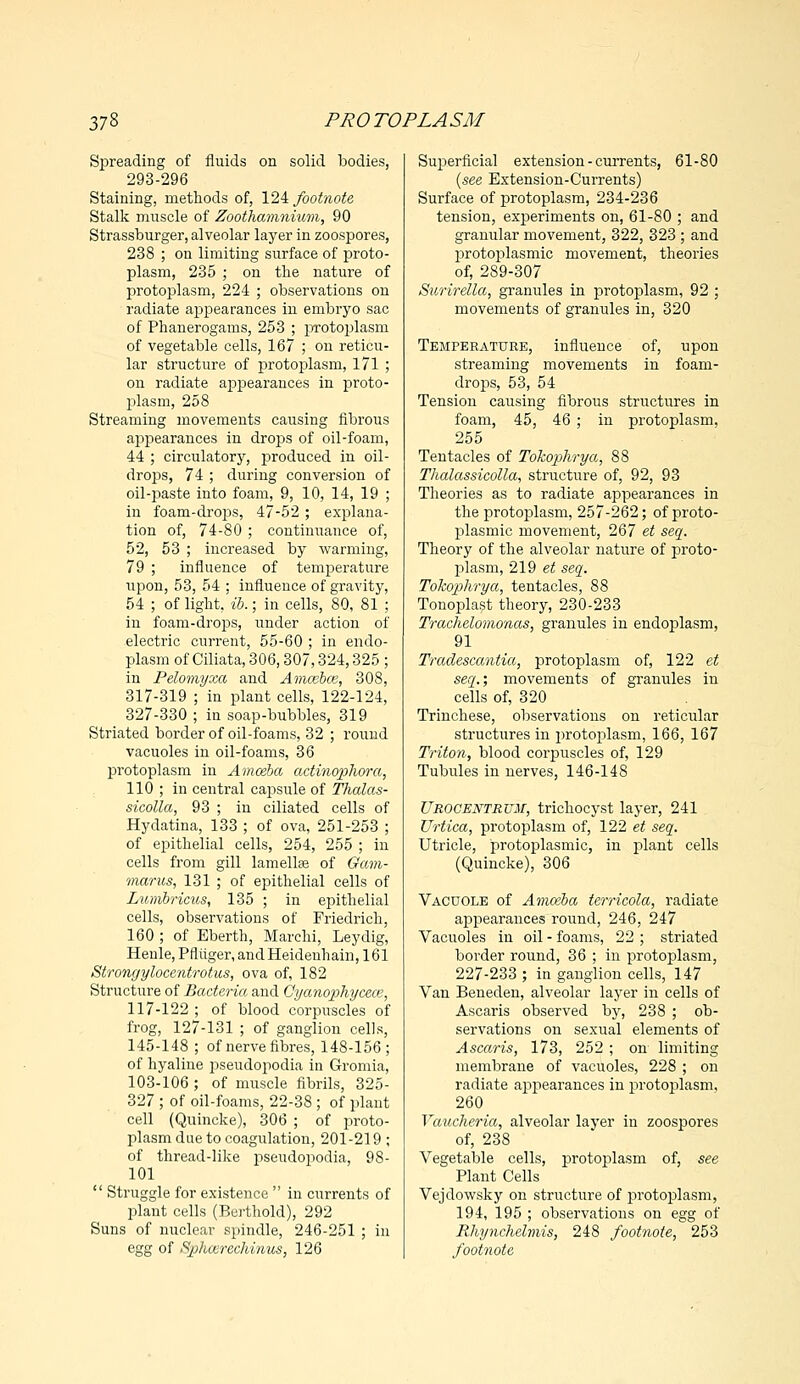 Spreading of fluids on solid bodies, 293-296 Staining, methods of, 124 footnote, Stalk muscle of Zoothamnium, 90 Strassburger, alveolar layer in zoospores, 238 ; on limiting surface of proto- plasm, 235 ; on the nature of protoplasm, 224 ; observations on radiate appearances in embryo sac of Phanerogams, 253 ; protoplasm of vegetable cells, 167 ; on reticu- lar structure of protoplasm, 171 ; on radiate appearances in proto- plasm, 258 Streaming movements causing fibrous appearances in drops of oil-foam, 44 ; circulatory, produced in oil- drops, 74 ; during conversion of oil-paste into foam, 9, 10, 14, 19 ; iu foam-drops, 47-52 ; explana- tion of, 74-80; continuance of, 52, 53 ; increased by warming, 79 ; influence of temperature upon, 53, 54 ; influence of gravity, 54 ; of light, ib.; in cells, 80, 81 ; in foam-drops, under action of electric current, 55-60 ; in endo- plasm of Ciliata, 306,307,324,325 ; in Pelomyxa and Amcebce, 308, 317-319 ; in plant cells, 122-124, 327-330 ; in soap-bubbles, 319 Striated border of oil-foams, 32 ; round vacuoles in oil-foams, 36 protoplasm in Amoeba actinophora, 110 ; in central capsule of Thalas- sicolla, 93 ; in ciliated cells of Hydatina, 133 ; of ova, 251-253 ; of epithelial cells, 254, 255 ; in cells from gill lamellae of Gam- marus, 131 ; of epithelial cells of Lumbricics, 135 ; in epithelial cells, observations of Friedrich, 160 ; of Eberth, Marchi, Leydig, Henle,Pniiger,andHeidenhain,161 Strongylocentrotus, ova of, 182 Structure of Bacteria and Cyanophycece, 117-122 ; of blood corpuscles of frog, 127-131 ; of ganglion cells, 145-148 ; of nerve fibres, 148-156; of hyaline pseudopodia in Gromia, 103-106; of muscle fibrils, 325- 327 ; of oil-foams, 22-38 ; of plant cell (Quincke), 306 ; of proto- plasm due to coagulation, 201-219 ; of thread-like pseudopodia, 98- 101  Struggle for existence  in currents of plant cells (Berthold), 292 Suns of nuclear spindle, 246-251 ; in egg of Sphcerechinus, 126 Superficial extension - currents, 61-80 {see Extension-Currents) Surface of protoplasm, 234-236 tension, experiments on, 61-80 ; and granular movement, 322, 323 ; and protoplasmic movement, theories of, 289-307 Surirella, granules in protoplasm, 92 ; movements of granules in, 320 Temperature, influence of, upon streaming movements in foam- drops, 53, 54 Tension causing fibrous structures in foam, 45, 46 ; in protoplasm, 255 Tentacles of Tokophrya, 88 Thalassicolla, structure of, 92, 93 Theories as to radiate appearances in the protoplasm, 257-262; of proto- plasmic movement, 267 et seq. Theory of the alveolar nature of proto- plasm, 219 et seq. Tokophrya, tentacles, 88 Tonoplast theory, 230-233 Trachelomonas, granules in endoplasm, 91 Tradescantia, protoplasm of, 122 et seq.; movements of granules in cells of, 320 Trinchese, observations on reticular structures in protoplasm, 166, 167 Triton, blood corpuscles of, 129 Tubules in nerves, 146-148 Urocentrvm, trichocyst layer, 241 Urtica, protoplasm of, 122 et seq. Utricle, protoplasmic, in plant cells (Quincke), 306 Vacuole of Amoeba terricola, radiate appearances round, 246, 247 Vacuoles in oil - foams, 22 ; striated border round, 36 ; in protoplasm, 227-233 ; in ganglion cells, 147 Van Beneden, alveolar layer in cells of Ascaris observed by, 238 ; ob- servations on sexual elements of Ascaris, 173, 252; on limiting membrane of vacuoles, 228 ; on radiate appearances in protoplasm, 260 Vaucheria, alveolar laver in zoospores of, 238 Vegetable cells, protoplasm of, see Plant Cells Vejdowsky on structure of protoplasm, 194, 195 ; observations on egg of Rhynchelmis, 248 footnote, 253 footnote