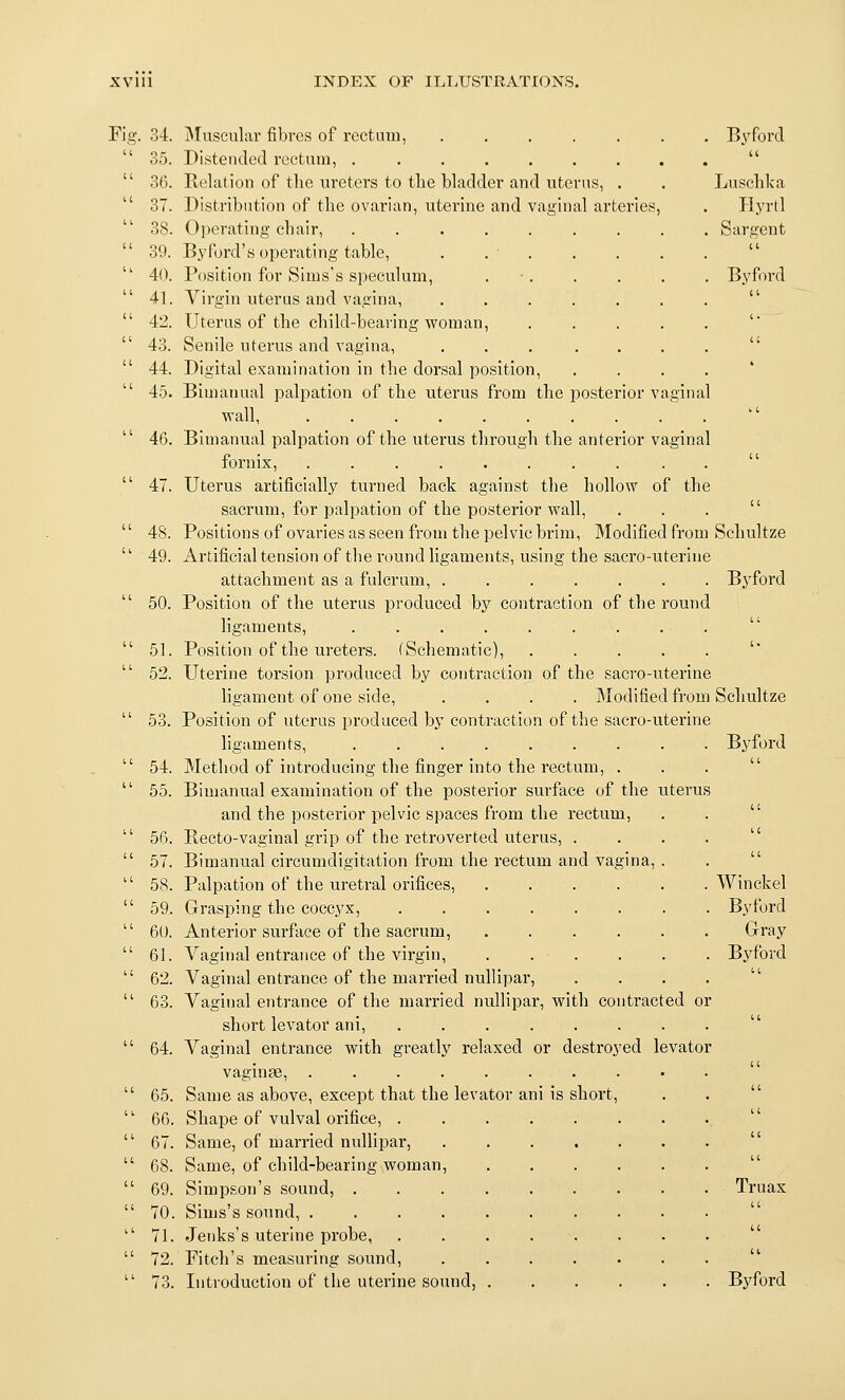 Fig. 34. 35. 36. 37. 38. 39. 40. 4L 42. 43. 44. 45. 46. 47. 48. 49. 50. 51. 52. 53. 54. 55. 56. 57. 58. 59. 60. 61. 62. 63. 64. 65. 66. 67. 68. 69. 70. 71. 72. jMuscular fibres of rectum, ...... Distended rectum, . ....... Relation of the ureters to the bladder and uterus, . Distribution of the ovarian, uterine and vaginal arteries, Operating chair, .... Bj'ford's operating table. Position for Sims's speculum, Virgin uterus and vagina, Uterus of the child-bearing woman, Senile uterus and vagina. Digital examination in the dorsal position, .... Binianual palpation of the uterus from the posterior vaginal wall, Bimanual palpation of the uterus through the anterior vaginal fornix, ........ . . Uterus artificially turned back against the hollow of the sacrum, for palpation of the posterior wall. Positions of ovaries as seen from the pelvic brim. Modified from Artificial tension of the round ligaments, using the sacro-uterine attachment as a fulcrum, ....... Position of the uterus produced by contraction of the round Hgaments, Position of the ureters. (Schematic), Uterine torsion produced by contraction of the sacro-uterine ligament of one side, .... Modified from Position of uterus produced by contraction of the sacro-uterine ligaments, ...... Method of introducing the finger into the rectum. Bimanual examination of the posterior surface of the uterus and the posterior pelvic spaces from the rectum. Recto-vaginal grip of the retroverted uterus, . Bimanual circumdigitation from the rectum and vagina. Palpation of the uretral orifices, .... Grasping the coccyx, Anterior surface of the sacrum, .... Vaginal entrance of the virgin, .... Vaginal entrance of the married nullipar, Vaginal entrance of the married nullipar, with contracted or short levator ani. Vaginal entrance with greatly relaxed or destroyed levator vaginae, Same as above, except that the levator ani is short. Shape of vulval orifice, . Same, of married nullipar, Same, of child-bearing woman, Simpson's sound, . Sims's sound, .... Jenks's uterine probe, Fitch's measuring sound. Byford u Luschka Hyrtl Sargent Bvford Schultze Byford 1. Schultze Byford Winckel Byford Gray Byford Truax