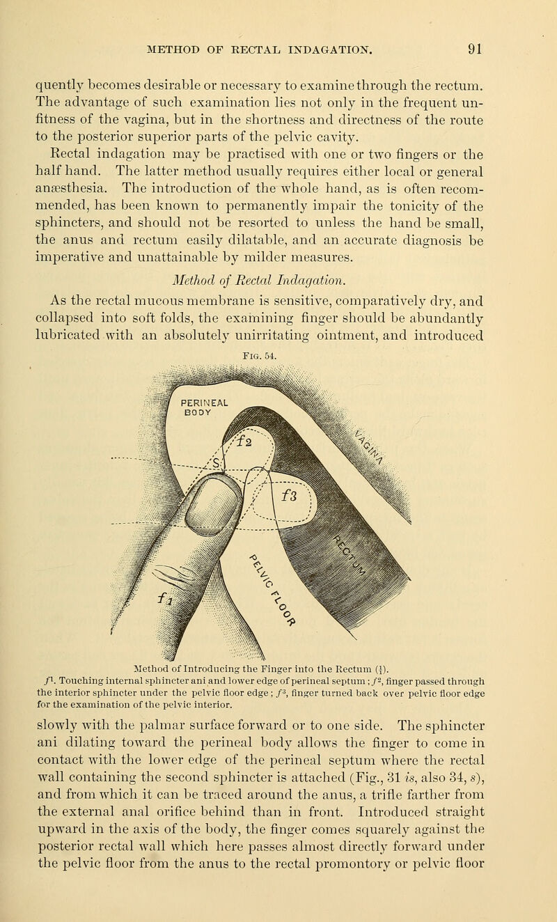 quently becomes desirable or necessary to examine through the rectum. The advantage of such examination lies not only in the frequent un- fitness of the vagina, but in the shortness and directness of the route to the posterior superior parts of the pelvic cavity. Rectal indagation may be practised with one or tAvo fingers or the half hand. The latter method usually requires either local or general anaesthesia. The introduction of the whole hand, as is often recom- mended, has been known to permanently impair the tonicity of the sphincters, and should not be resorted to unless the hand be small, the anus and rectum easily dilatable, and an accurate diagnosis be imperative and unattainable by milder measures. Method of Rectal Indagation. As the rectal mucous membrane is sensitive, comparatively dry, and collapsed into soft folds, the examining finger should be abundantly lubricated with an absolutely unirritating ointment, and introduced Fig 54 Method of Introducing the Finger into tlie Rectum {\). /■>. Touching internal sphincter ani and lower edge of perineal septum ;/2, finger passed through the interior sphincter under the pelvic floor edge ; P, finger turned back over pelvic floor edge for the examination of the pelvic interior. slowly with the palmar surface forward or to one side. The sphincter ani dilating toward the perineal body allows the finger to come in contact with the lower edge of the perineal septum where the rectal wall containing the second sphincter is attached (Fig., 31 is, also 34, s), and from which it can be traced around the anus, a trifle farther from the external anal orifice behind than in front. Introduced straight upward in the axis of the body, the finger comes squarely against the posterior rectal wall which here passes almost directly forward under the pelvic floor from the anus to the rectal promontory or pelvic floor