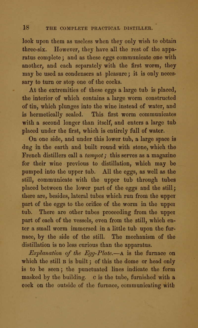 look upon them as useless when they only wish to obtain three-six. However^ they have all the rest of the appa- ratus complete; and as these eggs communicate one with another, and each separately with the first worm, they may be used as condensers at pleasure; it is only neces- sary to turn or stop one of the cocks. At the extremities of these eggs a large tub is placed, the interior of which contains a large worm constructed of tin, which plunges into the wine instead of water, and is hermetically sealed. This first worm communicates with a second longer than itself, and enters a large tub placed under the first, which is entirely full of water. On one side, and under this lower tub, a large space is dug in the earth and built round with stone, which the French distillers call a tampot; this serves as a magazine for their wine previous to distillation, which may be pumped into the upper tub. All the eggs, as well as the still, communicate with the upper tub through tubes placed between the lower part of the eggs and the still; there are, besides, lateral tubes which run from the upper part of the eggs to the orifice of the worm in the uppei tub. There are other tubes proceeding from the uppei part of each of the vessels, even from the still, which en- ter a small worm immersed in a little tub upon the fur- nace, by the side of the still. The mechanism of the distillation is no less curious than the apparatus. Explanation of the Egg-Plate.—A is the furnace on which the still b is built; of this the dome or head only is to be seen; the punctuated lines indicate the form masked by the building, c is the tube, furnished with a cock on the outside of the furnace, communicating with