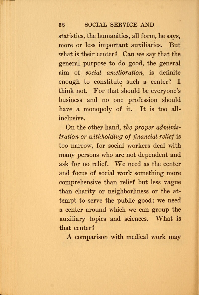 statistics, the humanities, all form, he says, more or less important auxiliaries. But what is their center? Can we say that the general purpose to do good, the general aim of social amelioration3 is definite enough to constitute such a center? I think not. For that should be everyone's business and no one profession should have a monopoly of it. It is too all- inclusive. On the other hand, the proper adminis- tration or withholding of financial relief is too narrow, for social workers deal with many persons who are not dependent and ask for no relief. We need as the center and focus of social work something more comprehensive than relief but less vague than charity or neighborliness or the at- tempt to serve the public good; we need a center around which we can group the auxiliary topics and sciences. What is that center? A comparison with medical work may