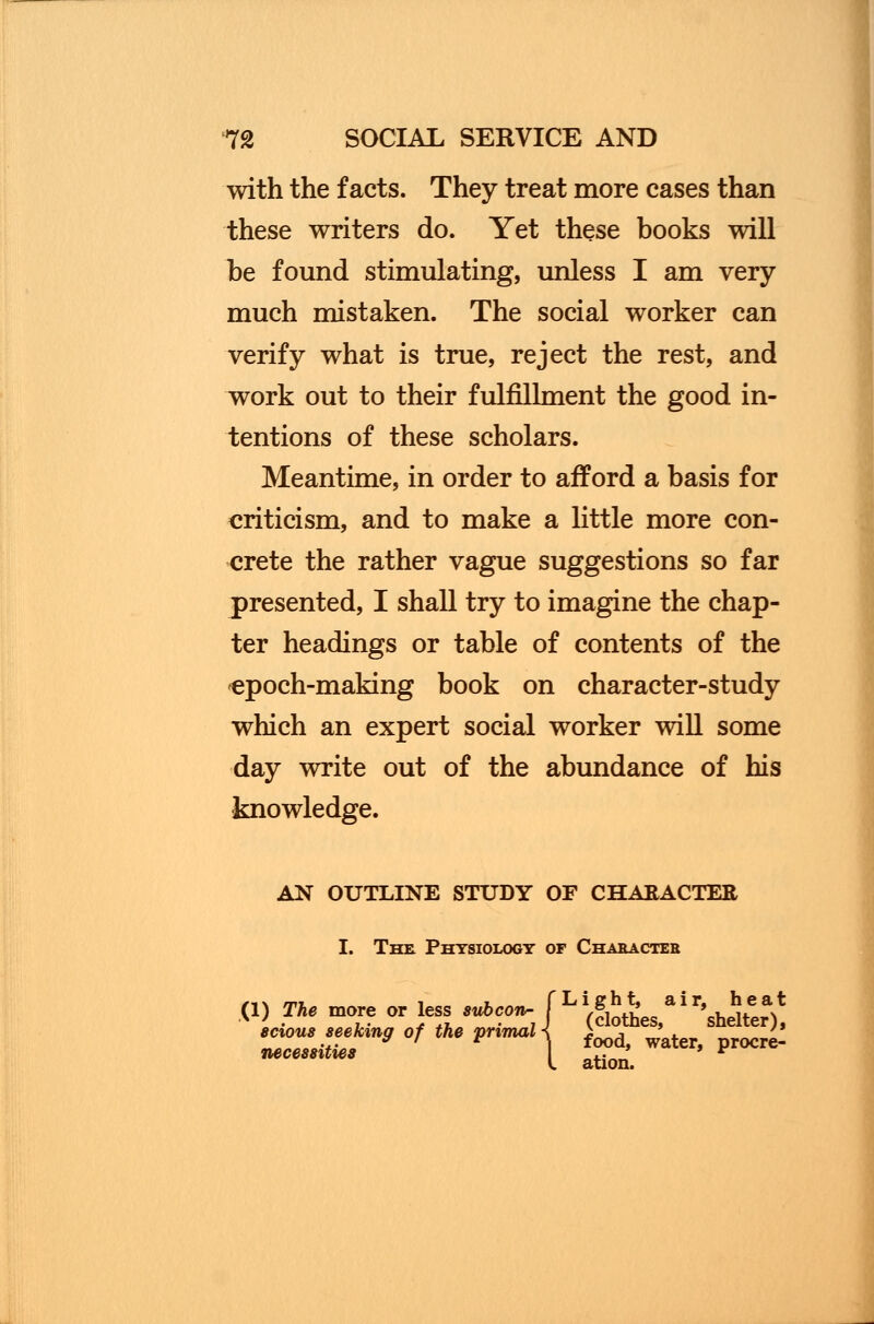 with the facts. They treat more cases than these writers do. Yet these books will be found stimulating, unless I am very- much mistaken. The social worker can verify what is true, reject the rest, and work out to their fulfillment the good in- tentions of these scholars. Meantime, in order to afford a basis for criticism, and to make a little more con- crete the rather vague suggestions so far presented, I shall try to imagine the chap- ter headings or table of contents of the epoch-making book on character-study which an expert social worker will some day write out of the abundance of his knowledge. AN OUTLINE STUDY OF CHARACTER I. The. Physiology of Chaeacter (1) The more or less oubcon- f L,^L.a!''*5v 8c%ou8 seel necessities scions seeking of the primal 1 i^Lt.r. ^^2l food, water, procre- ation.