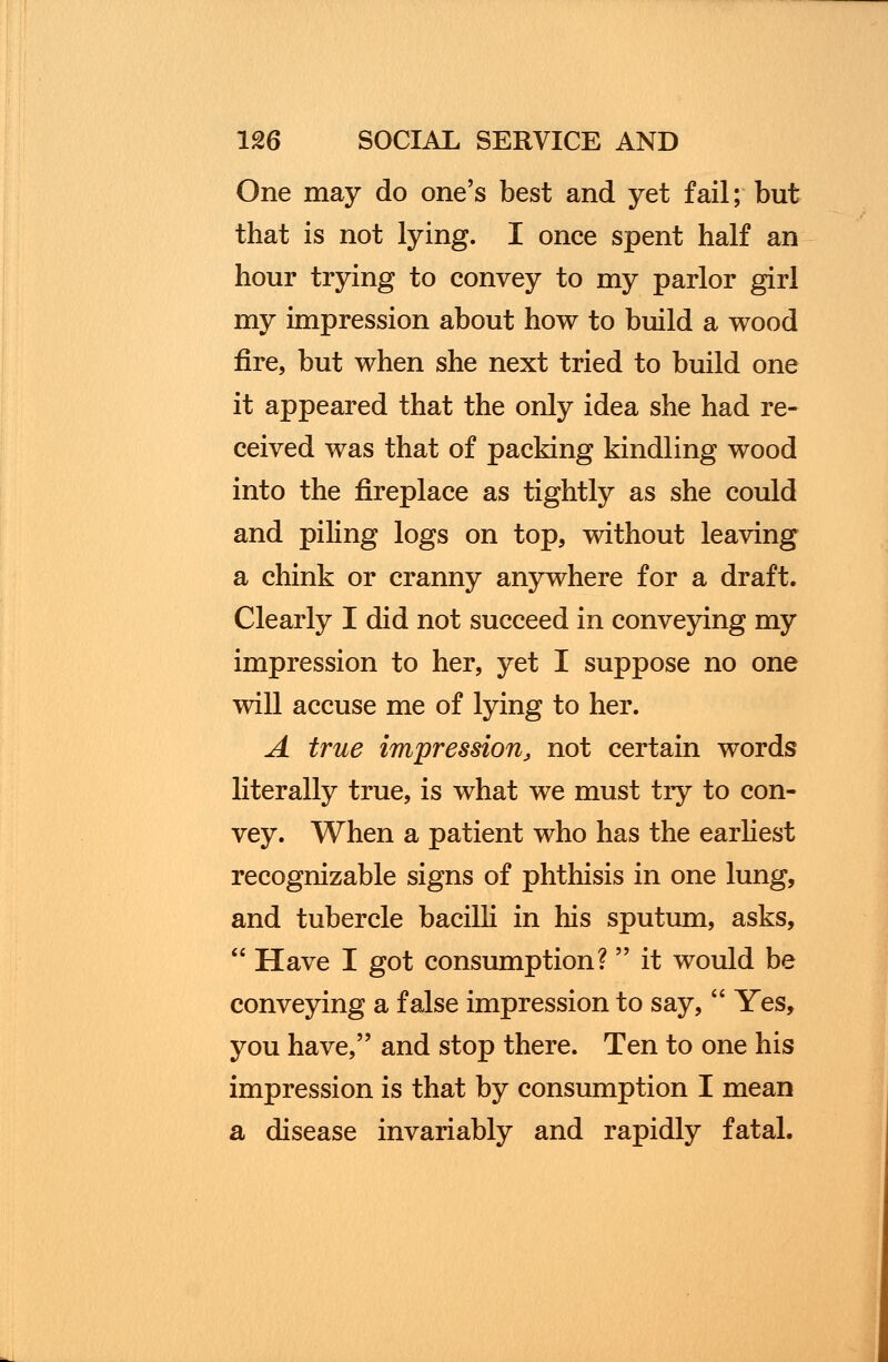 One may do one's best and yet fail; but that is not lying. I once spent half an hour trying to convey to my parlor girl my impression about how to build a wood fire, but when she next tried to build one it appeared that the only idea she had re- ceived was that of packing kindling wood into the fireplace as tightly as she could and piling logs on top, without leaving a chink or cranny anywhere for a draft. Clearly I did not succeed in conveying my impression to her, yet I suppose no one will accuse me of lying to her. A true impression, not certain words literally true, is what we must try to con- vey. When a patient who has the earliest recognizable signs of phthisis in one lung, and tubercle bacilli in his sputum, asks,  Have I got consumption? it would be conveying a false impression to say,  Yes, you have, and stop there. Ten to one his impression is that by consumption I mean a disease invariably and rapidly fatal.