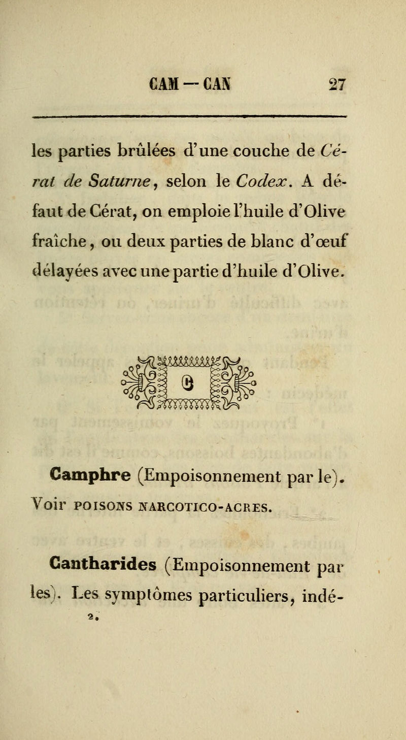 les parties brûlées d'une couche de Gé- rai de Saturne^ selon le Codex. A dé- faut de Cérat, on emploie l'huile d'Olive fraîche, ou deux parties de blanc d'œuf délayées avec une partie d'huile d'Olive. Camphre (Empoisonnement parle). Voir POISONS NARGOTICO-ACRES. Gantharides (Empoisonnement par les). Les symptômes particuliers, indé- 2,