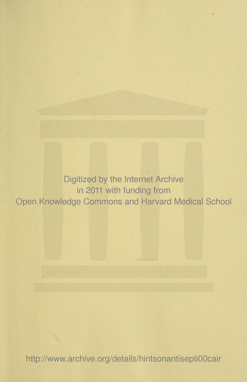 Digitized by the Internet Archive in 2011 with funding from Open Knowledge Commons and Harvard Medical School http://www.archive.org/details/hintsonantiseptiOOcair