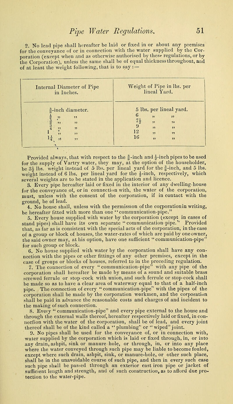 2. No lead pipe shall hereafter be laid or fixed in or about any premises for the conveyance of or in connection with the water supplied by the Cor- poration (except when and as otherwise authorised by thest- regulations, or by the Corporation), unless the same shall be of equal thickness throughout, and of at least the weight following, that is to say :— Internal Diameter of Pipe in Inches. Weight of Pipe in lbs. per lineal Yard. ■|-inch diameter. 1 •  1,, 5 lbs. per lineal yard. 6 „ ,,  )i )) 12 16 ,j » Provided always, that with respect to the |-inch and ^-inch pipes to be used for the supply of Vartry water, they may, at the option of the householder, be 3^ lbs. weight instead of 5 lbs. per lineal yard for the f-inch, and 5 lbs. weight instead of 6 lbs. per lineal yard for the ^-inch, respectively, which several weights are to be stated in the application and licence. 3. Every pipe hereafter laid or fixed in the interior of any dwelling-house for the conveyance of, or in connection with, the water of the corporation, must, unless with the consent of the corporation, if in contact with the ground, be of lead. 4. No house shall, unless with the permission of the corporation in writing, be hereafter fitted with more than one communication-pipe. 5. Every house supplied with water by the corporation (except in cases of stand pipes) shall have its own separate communication-pipe. Provided that, as far as is consistent with the special acts of the corporation, in the case of a group or block of houses, the water-rates of which are paid by one owner, the said owner may, at his option, have one sufficient  communication-pipe for such group or block. 6. No house supplied with water by the corporation shall have any con- nection with the pipes or other fittings of any other premises, except in the case of groups or blocks of houses, referred to in the preceding regulation. 7. The connection of every  communication-pipe with any pipe of the corporation shall hereafter be made by means of a sound and suitable brass screwed ferrule or stop-cock with union, and such ferrule or stop-cock shall be made so as to have a clear area of waterway equal to that of a half-inch pipe. The connection of every  communication-pipe with the pipes of the corporation shall be made by the corporation workmen, and the corporation shall be paid in advance the reasonable costs and charges of and incident to the making of such connection. 8. Every  communication-pipe and every pipe external to the house and through the external walls thereof, hereafter respectively laid or fixed, in con- necfion with the water of the corporation, shall be of lead, and every joint thereof shall be of the kind called a  plumbing or  wiped joint. 9. No pipes shall be used for the conveyance of, or in connection with, water supplied by the corporation which is laid or fixed through, in, or into any drain, ashpit, sink or manure hole, or through, in, or into any place where the water conveyed through such pipe may be liable to become fouled, except where such drain, ashpit, sink, or manure-hole, or other such place, shall be in the unavoidable course of such pipe, and then in every such case such pipe shall be passed through an exterior cast iron pipe or jacket of sufficient length and strength, and of such construction, as to afford due pro- tection to the water-pipe.