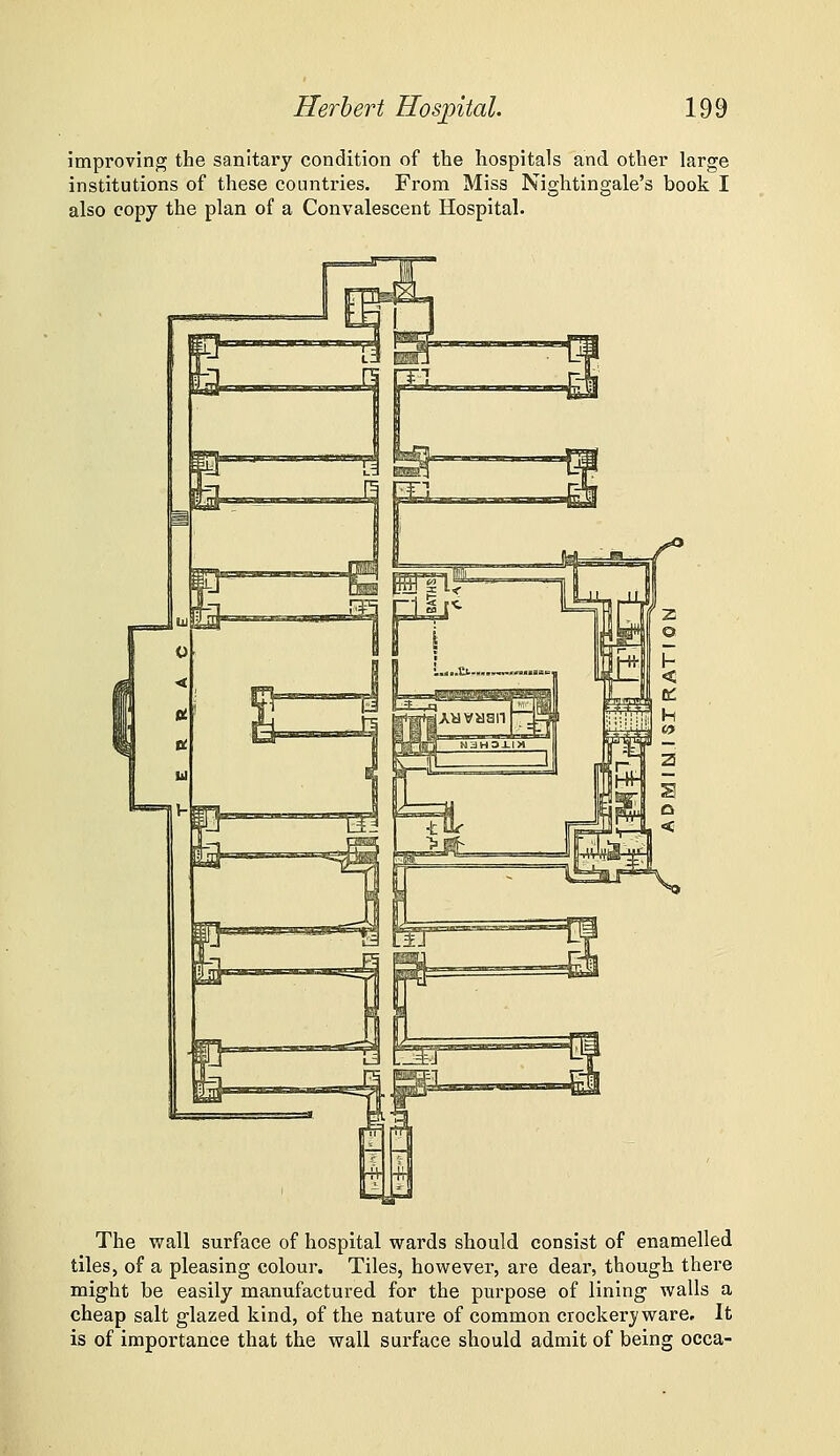 improving the sanitary condition of the hospitals and other large institutions of these countries. From Miss Nightingale's book I also copy the plan of a Convalescent Hospital. The wall surface of hospital wards should consist of enamelled tiles, of a pleasing colour. Tiles, however, are dear, though there might be easily manufactured for the purpose of lining walls a cheap salt glazed kind, of the nature of common crockery ware. It is of importance that the wall surface should admit of being occa-