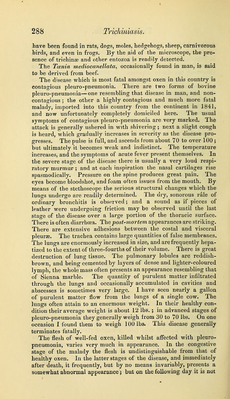 have been found in rats, dogs, moles, hedgehogs, sheep, carnivorous birds, and even in frogs. By the aid of the microscope, the pre- sence of trichinse and other entozoa is readily detected. The Taenia mediocanellata, occasionally found in man, is said to be derived from beef. The disease which is most fatal amongst oxen in this country is contac^ious pleuro-pneumonia. There are two forms of bovine pleuro-pneumonia—one resembling that disease in man, and non- contagious ; the other a highly contagious and much more fatal malady, imported into this country from the continent in 1841, and now unfortunately completely domiciled here. The usual symptoms of contagious pleuro-pneumonia are very marked. The attack is generally ushered in with shivering; next a slight cough is heard, which gradually increases in severity as the disease pro- gresses. The pulse is full, and ascends from about 70 to over 100 ; but ultimately it becomes weak and indistinct. The temperature increases, and the symptoms of acute fever present themselves. In the severe stage of the disease there is usually a very loud respi- ratory murmur; and at each inspiration the nasal cartilages rise spasmodically. Pressure on the spine produces great pain. The eyes become bloodshot, and foam often issues from the mouth. By means of the stethoscope the serious structural changes which the lungs undergo are readily determined. The dry, sonorous rale of ordinary bronchitis is observed; and a sound as if pieces of leather were undergoing friction may be observed until the last stage of the disease over a large portion of the thoracic surface. There is often diarrhoea. The post-mortem appearances are striking. There are extensive adhesions between the costal and visceral pleurae. The trachea contains large quantities of false membranes. The lungs are enormously increased in size, and are frequently hepa- tized to the extent of three-fourths of their volume. There is great destruction of lung tissue. The pulmonary lobules are reddish- brown, and being cemented by layers of dense and lighter-coloured lymph, the whole mass often presents an appearance resembling that of Sienna marble. The quantity of purulent matter infiltrated through the lungs and occasionally accumulated in cavities and abscesses is sometimes very large. I have seen nearly a gallon of purulent matter flow from the lungs of a single cow. The lungs often attain to an enormous weight. In their healthy con- dition their average weight is about 12 lbs.; in advanced stages of pleuro-pneumonia they generally weigh from 30 to 70 lbs. On one occasion I found them to weigh 100 lbs. This disease generally terminates fatally. The flesh of well-fed oxen, killed whilst affected with pleuro- pneumonia, varies very much in appearance. In the congestive stage of the malady the flesh is undistinguishable from that of healthy oxen. In the latter stages of the disease, and immediately after death, it frequently, but by no means invariably, presents a somewhat abnormal appearance; but on the following day it is not