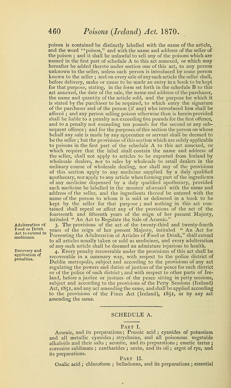 Adulteration of Food or Drink Act to extend to medicines. Recovery and application of penalties. poison is contained be distinctly labelled with the name of the article, and the word '' poison, and with the name and address of the seller of the poison ; and it shall be unlawful to sell any of the poisons which are named in the first part of schedule A to this act annexed, or which may hereafter be added thereto under section one of this act, to any person unknown to the sellei, unless such person is introduced by some person known to the seller ; and on every sale of any such article the seller shall, before delivery, make or cause to be made an entry in a book to be kept for that purpose, stating, in the form set forth in the schedule B to this act annexed, the date of the sale, the name and address of the purchaser, the name and quantity of the article sold, and the purpose for which it is stated by the purchaser to be required, to which entry the signature of the purchaser and of the person (if any) who introduced him shall be affixed ; and any person selling poison otherwise than is herein provided shall be liable to a penalty not exceeding five pounds for the first offence, and to a penalty not exceeding ten pounds for the second or any sub- sequent offence ; and for the purposes of this section the person on whose behalf any sale is made by any apprentice or servant shall be deemed to be the seller ; but the provisions of this section which are solely applicable to poisons in the first part of the schedule A to this act annexed, or which require that the label shall contain the name and address of the seller, shall not apply to articles to be exported from Ireland by wholesale dealers, nor to sales by wholesale to retail dealers in the ordinary course of wholesale dealing, nor shall any of the provisions of this section apply to any medicine supplied by a duly qualified apothecary, nor apply to any article when forming part of the ingredients of any medicine dispensed by a duly qualified apothecary, provided such medicine be labelled in the manner aforesaid with the name and address of the seller, and the ingredients thereof be entered with the name of the person to whom it is sold or delivered in a book to be kept by the seller for that purpose ; and nothing in this act con- tained shall repeal or affect any of the provisions of the act of the fourteenth and fifteenth years of the reign of her present Majesty, intituled  An Act to Regulate the Sale of Arsenic. 3. The provisions of the act of the twenty-third and twenty-fourth years of the reign of her present Majesty, intituled  An Act for Preventing the Adulteration of Articles of Food or Drink, shall extend to all articles usually taken or sold as medicines, and every adulteration of any such article shall be deemed an admixture injurious to health. 4. Every penalty recoverable under the provisions of this act shall be recoverable in a summary way, with respect to the police district of Dublin metropolis, subject and according to the provisions of any act regulating the powers and duties of justices of the peace for such district or of the police of such district; and with respect to other parts of Ire- land, before a justice or justices of the peace sitting in petty sessions, subject and according to the provisions of the Petty Sessions (Ireland) Act, 1851, and any act amending the same, and shall be applied according to the provisions of the Fines Act (Ireland), 1851, or by any act amending the same. SCHEDULE A. Part I. Arsenic, and its preparations; Prussic acid ; cyanides of potassium and all metallic cyanides ; strychnine, and all poisonous vegetable alkaloids and their salts ; aconite, and its preparations ; emetic tartar ; corrosive sublimate ; cantharides ; savin, and its oil; ergot of rye, and its preparations. Part II. Oxalic acid ; chloroform ; belladonna, and its preparations ; essential