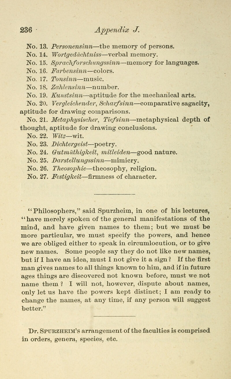 JSTo. 13. Personensinn—tbe memory of persons. No. 14. Wortgeddchtniss—verbal memory. No. 15. SpracTiforscliungssinn—m.em.ory for languages. No. 16. Farbensinn—colors. No. 17. Tonsinn—music. No. 18. Zahlensinn—number. No. 19. Kunstsinn—aptitude for the mechanical arts. No. 20. Vergleichender, ScJiarfsinn—comparative sagacity, aptitude for drawing comparisons. No. 21. MetaphysisGhei\ T^'e/^m^z—metaphysical depth of thought, aptitude for drawing conclusions. No. 22. W^fe—wit. No. 23. Bichtergeist—poetry. No. 24. GutmiXthigkeit^ mitleiden—good nature. No. 25. Barstellungssinn—mimicry. No. 26. TlieosopTiie—theosophy, religion. No. 27. Festigkeit—firmness of character. *'Philosophers, said Spurzheim, in one of his lectures, have merely spoken of the general manifestations of the mind, and have given names to them; but we must be more particular, we must specify the powers, and hence we are obliged either to speak in circumlocution, or to give new names. Some people say they do not hke new names, but if I have an idea, must I not give it a sign ? If the first man gives names to all things known to him, and if in future ages things are discovered not known before, must we not name them ? I will not, however, dispute about names, only let us have the powers kept distinct; I am ready to change the names, at any time, if any person will suggest better. Dr. Spurzheim's arrangement of the faculties is comprised in orders, genera, species, etc.