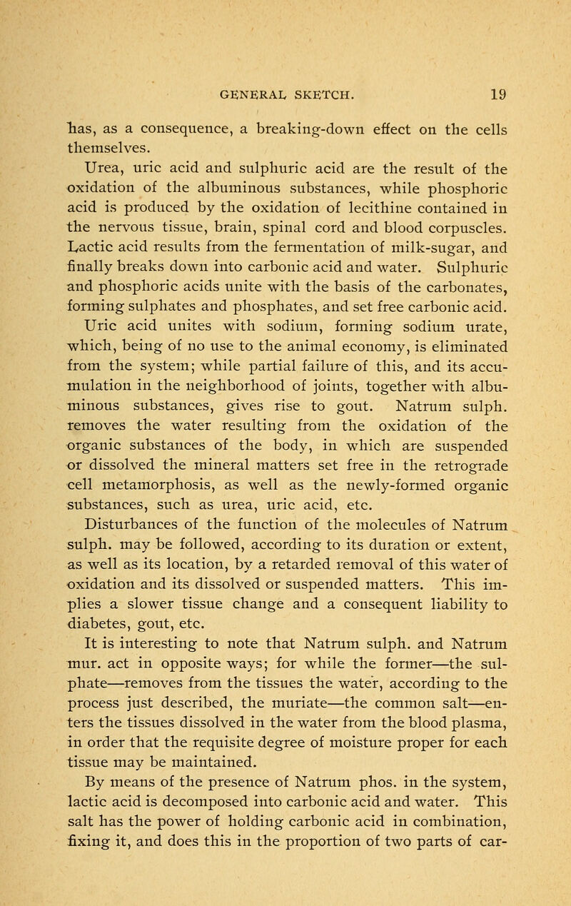 has, as a consequence, a breaking-down effect on the cells themselves. Urea, uric acid and sulphuric acid are the result of the oxidation of the albuminous substances, while phosphoric acid is produced by the oxidation of lecithine contained in the nervous tissue, brain, spinal cord and blood corpuscles. Lactic acid results from the fermentation of milk-sugar, and finally breaks down into carbonic acid and water. Sulphuric and phosphoric acids unite with the basis of the carbonates, forming sulphates and phosphates, and set free carbonic acid. Uric acid unites with sodium, forming sodium urate, which, being of no use to the animal economy, is eliminated from the system; while partial failure of this, and its accu- mulation in the neighborhood of joints, together w7ith albu- minous substances, gives rise to gout. Natrum sulph. removes the water resulting from the oxidation of the organic substances of the body, in which are suspended or dissolved the mineral matters set free in the retrograde cell metamorphosis, as well as the newly-formed organic substances, such as urea, uric acid, etc. Disturbances of the function of the molecules of Natrum sulph. may be followed, according to its duration or extent, as well as its location, by a retarded removal of this water of oxidation and its dissolved or suspended matters. This im- plies a slower tissue change and a consequent liability to diabetes, gout, etc. It is interesting to note that Natrum sulph. and Natrum mur. act in opposite ways; for while the former—the sul- phate—removes from the tissues the water, according to the process just described, the muriate—the common salt—en- ters the tissues dissolved in the water from the blood plasma, in order that the requisite degree of moisture proper for each tissue may be maintained. By means of the presence of Natrum phos. in the system, lactic acid is decomposed into carbonic acid and water. This salt has the power of holding carbonic acid in combination, fixing it, and does this in the proportion of two parts of car-