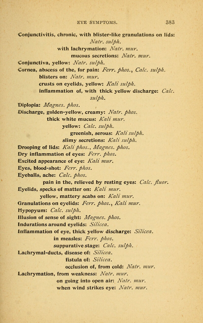 Conjunctivitis, chronic, with blister=like granulations on lids: Natr. sulph. with lachrymation: Natr. mur. mucous secretions: Natr. mur. Conjunctiva, yellow: Natr. sulph. Cornea, abscess of the, for pain: Ferr. phos., Calc. sulph. blisters on: Natr. mur. crusts on eyelids, yellow: Kali sulph. inflammation of, with thick yellow discharge: Calc. sulph. Diplopia: Magnes. phos. Discharge, golden=yellow, creamy: Natr. phos. thick white mucus: Kali mur. yellow: Calc. sulph. greenish, serous: Kali sulph. slimy secretions: Kali sulph. Drooping of lids: Kali phos., Magnes. phos. Dry inflammation of eyes: Ferr. phos. Excited appearance of eye: Kali mur. Eyes, blood=shot: Ferr. phos. Eyeballs, ache: Calc. phos. pain in the, relieved by resting eyes: Calc. fiuor. Eyelids, specks of matter on: Kali mur. yellow, mattery scabs on: Kali mur. Granulations on eyelids: Ferr. phos., Kali mur. Hypopyum: Calc. sulph. Illusion of sense of sight: Magnes. phos. Indurations around eyelids: Silicea. Inflammation of eye, thick yellow discharge: Silicea. in measles: Ferr. phos. suppurative stage: Calc. sulph. L,achrymal=ducts, disease of: Silicea. fistula of: Silicea. occlusion of, from cold: Natr. mur. Lachrymation, from weakness: Natr. mur. on going into open air: Natr. mur. when wind strikes eye: Natr. mur.