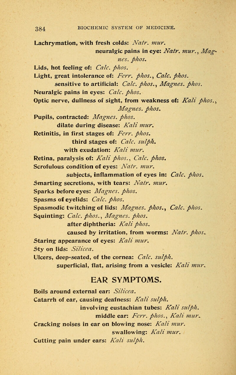 Lachrymation, with fresh colds: Natr. mur. neuralgic pains in eye: Natr. mur., Mag- nes. phos. Lids, hot feeling of: Calc. phos. Light, great intolerance of: Ferr. phos., Calc. phos. sensitive to artificial: Calc. phos.y Magnes. phos. Neuralgic pains in eyes: Calc. phos. Optic nerve, dullness of sight, from weakness of: Kali phos. y Magnes. phos. Pupils, contracted: Magnes. phos. dilate during disease: Kali mur. Retinitis, in first stages of: Ferr. phos. third stages of: Calc. sulph. with exudation: Kali mur. Retina, paralysis of: Kali phos., Calc. phos. Scrofulous condition of eyes: Natr. mur. subjects, inflammation of eyes in: Calc. phos. Smarting secretions, with tears: Natr. mur. Sparks before eyes: Magnes. phos. Spasms of eyelids: Calc. phos. Spasmodic twitching of lids: Magnes. phos., Calc. phos. Squinting: Calc. phos., Magnes. phos. after diphtheria: Kali phos. caused by irritation, from worms: Natr. phos. Staring appearance of eyes: Kali mur. Sty on lids: Silicea. Ulcers, deep=seated, of the cornea: Calc. sulph. superficial, flat, arising from a vesicle: Kali mur. EAR SYMPTOMS. Boils around external ear: Silicea. Catarrh of ear, causing deafness: Kali sulph. involving eustachian tubes: Kali sulph. middle ear: Ferr. phos., Kali mur. Cracking noises in ear on blowing nose: Kali mur. swallowing: Kali mur. Cutting pain under ears: Kali sulph.