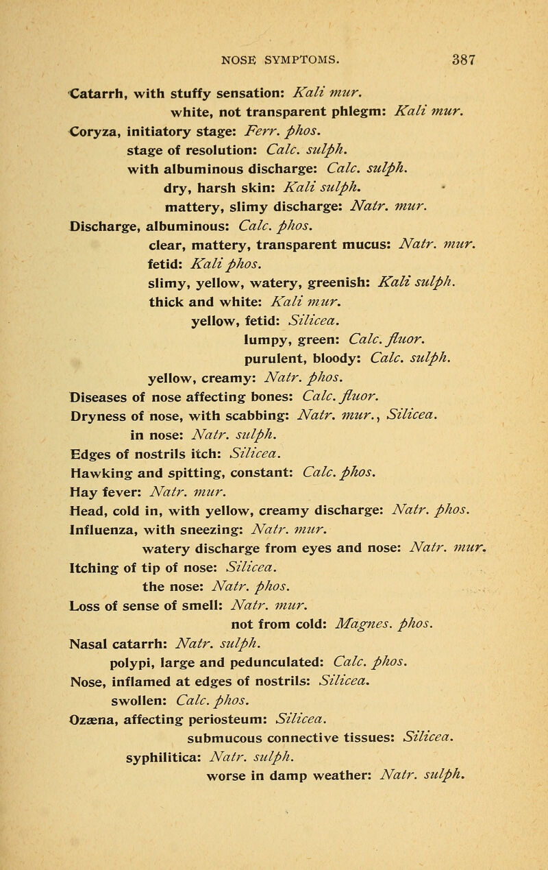 Catarrh, with stuffy sensation: Kali mur. white, not transparent phlegm: Kali mur. Coryza, initiatory stage: Ferr. phos. stage of resolution: Calc. sulph. with albuminous discharge: Calc. sulph. dry, harsh skin: Kali sulph. mattery, slimy discharge: Natr. mur. Discharge, albuminous: Calc. phos. clear, mattery, transparent mucus: Natr. mur. fetid: Kali phos. slimy, yellow, watery, greenish: Kali sulph. thick and white: Kali mur. yellow, fetid: Silicea. lumpy, green: Calc. fluor. purulent, bloody: Calc. sulph. yellow, creamy: Natr. phos. Diseases of nose affecting bones: Calc. fluor. Dryness of nose, with scabbing: Natr. mur., Silicea. in nose: Natr. sulph. Edges of nostrils itch: Silicea. Hawking and spitting, constant: Calc. phos. Hay fever: Natr. mur. Head, cold in, with yellow, creamy discharge: Natr. phos. Influenza, with sneezing: Natr. mur. watery discharge from eyes and nose: Natr. mur. Itching of tip of nose: Silicea. the nose: Natr. phos. JLoss of sense of smell: Natr. mur. not from cold: Magnes. phos. Nasal catarrh: Natr. sulph. polypi, large and pedunculated: Calc. phos. Nose, inflamed at edges of nostrils: Silicea. swollen: Calc. phos. Ozaena, affecting periosteum: Silicea. submucous connective tissues: Silicea. syphilitica: Natr. sulph. worse in damp weather: Natr. sulph.