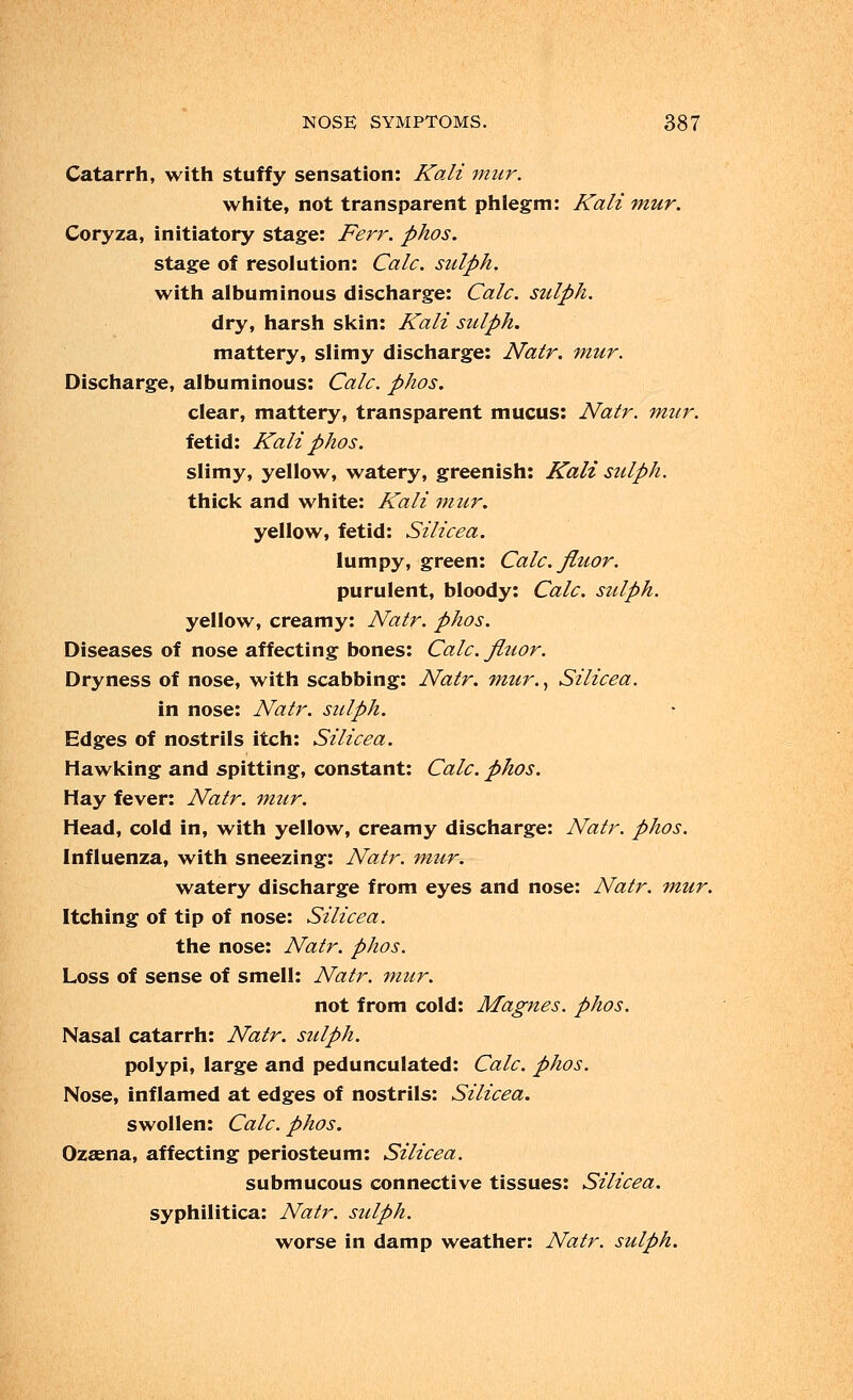 Catarrh, with stuffy sensation: Kali mur. white, not transparent phlegm: Kali mur. Coryza, initiatory stage: Ferr. phos. stage of resolution: Calc. sulph. with albuminous discharge: Calc. sulph. dry, harsh skin: Kali sulph. mattery, slimy discharge: Natr. mur. Discharge, albuminous: Calc. phos. clear, mattery, transparent mucus: Natr. mur. fetid: Kali phos. slimy, yellow, watery, greenish: Kali sulph. thick and white: Kali mur. yellow, fetid: Si lice a. lumpy, green: Calc. fiuor. purulent, bloody: Calc. sulph. yellow, creamy: Natr. phos. Diseases of nose affecting bones: Calc. fiuor. Dryness of nose, with scabbing: Natr. mur., Silicea. in nose: Natr. sulph. Edges of nostrils itch: Silicea. Hawking and spitting, constant: Calc. phos. Hay fever: Natr. mur. Head, cold in, with yellow, creamy discharge: Natr. phos. Influenza, with sneezing: Natr. mtir. watery discharge from eyes and nose: Natr. mur. Itching of tip of nose: Silicea. the nose: Natr. phos. Loss of sense of smell: Natr. mur. not from cold: Magnes. phos. Nasal catarrh: Natr. sulph. polypi, large and pedunculated: Calc. phos. Nose, inflamed at edges of nostrils: Silicea. swollen: Calc. phos. Ozaena, affecting periosteum: Silicea. submucous connective tissues: Silicea. syphilitica: Natr. sulph. worse in damp weather: Natr. sulph.