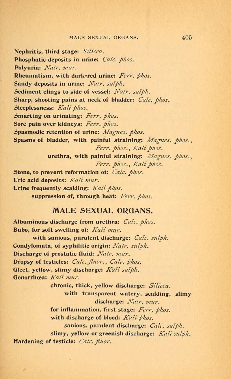 Nephritis, third stage: Silicea. Phosphatic deposits in urine: Calc. plios. Polyuria: Natr. mur. Rheumatism, with dark=red urine: Ferr. phos. Sandy deposits in urine: Natr. sulph. Sediment clings to side of vessel: Natr. sulph. Sharp, shooting pains at neck of bladder: Calc. phos. Sleeplessness: Kali phos. Smarting on urinating: Ferr. phos. Sore pain over kidneys: Ferr. phos. Spasmodic retention of urine: Magnes. phos. Spasms of bladder, with painful straining: Magnes. phos., Ferr. phos., Kali phos. urethra, with painful straining: Magnes. phos., Ferr. phos., Kali phos. Stone, to prevent reformation of: Calc. phos. Uric acid deposits: Kali mur. Urine frequently scalding: Kali phos. suppression of, through heat: Ferr. phos. MALE SEXUAL ORGANS. Albuminous discharge from urethra: Calc. phos. Bubo, for soft swelling of: Kali mur. with sanious, purulent discharge: Calc. sulph. Condylomata, of syphilitic origin: Natr. sulph. Discharge of prostatic fluid: Natr. mzir. Dropsy of testicles: Calc. jluor., Calc. phos. Gleet, yellow, slimy discharge: Kali sulph. Gonorrhoea: Kali mur. chronic, thick, yellow discharge: Silicea. with transparent watery, scalding, slimy discharge: Natr. mur. for inflammation, first stage: Ferr. phos. with discharge of blood: Kali phos. sanious, purulent discharge: Calc. sulph. slimy, yellow or greenish discharge: Kali sulph. Hardening of testicle: Calc. Jluor.