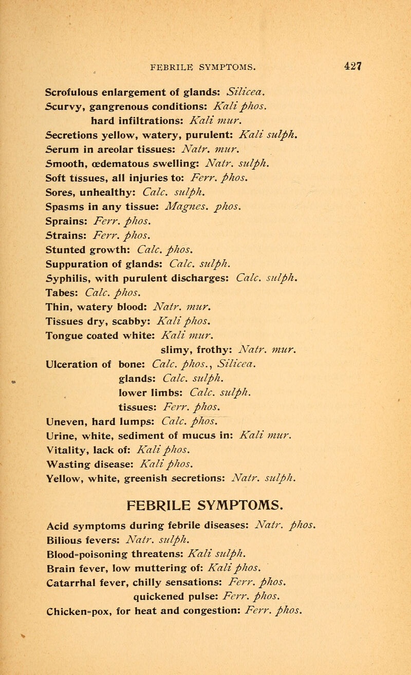 Scrofulous enlargement of glands: Silicea. Scurvy, gangrenous conditions: Kali phos. hard infiltrations: Kali mur. Secretions yellow, watery, purulent: Kali sulph. Serum in areolar tissues: Natr. mur. Smooth, edematous swelling: Natr. sulph. Soft tissues, all injuries to: Ferr. phos. Sores, unhealthy: Calc. sulph. Spasms in any tissue: Magnes. phos. Sprains: Ferr. phos. Strains: Ferr. phos. Stunted growth: Calc. phos. Suppuration of glands: Calc. sulph. Syphilis, with purulent discharges: Calc. sulph. Tabes: Calc. phos. Thin, watery blood: Natr. mur. Tissues dry, scabby: Kali phos. Tongue coated white: Kali mur. slimy, frothy: Natr. mur. Ulceration of bone: Calc. phos., Silicea. glands: Calc. sulph. lower limbs: Calc. sulph. tissues: Ferr. phos. Uneven, hard lumps: Calc. phos. Urine, white, sediment of mucus in: Kali mitr. Vitality, lack of: Kali phos. Wasting disease: Kali phos. Yellow, white, greenish secretions: Natr. sulph. FEBRILE SYMPTOMS. Acid symptoms during febrile diseases: Natr. phos. Bilious fevers: Natr. sulph. Blood=poisoning threatens: Kali sulph. Brain fever, low muttering of: Kali phos. Catarrhal fever, chilly sensations: Ferr. phos. quickened pulse: Ferr. phos. Chicken=pox, for heat and congestion: Ferr. phos.