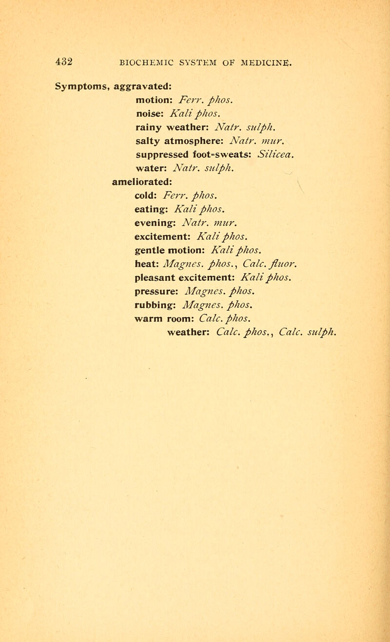 Symptoms, aggravated: motion: Ferr. phos. noise: Kali phos. rainy weather: Natr. sulph. salty atmosphere: Natr. nuir. suppressed foot=sweats: Silicea. water: Natr. sulph. ameliorated: cold: Ferr. phos. eating: Kali phos. evening: Natr. mur. excitement: Kali phos. gentle motion: Kali phos. heat: Magnes. phos., Calc. fluor. pleasant excitement: Kali phos. pressure: Magnes. phos. rubbing: Magnes. phos. warm room: Calc. phos. weather: Calc. phos., Calc. sulph.