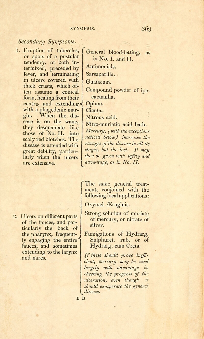 Secondary Symptoms. 1. Eruption of tubercles, or spots of a pustular tendency, or both in- termixed, preceded by fever, and terminating in ulcers covered with thick crusts, which of- ten assume a conical form, healing from their centre, and extending with a phagedenic mar- gin. When the dis- ease is on the wane, they desquamate like those of No. II. into scaly red blotches. The disease is attended with great debility, particu- larly when the ulcers are extensive. General blood-letting, as in No. I. and II. Antimonials. Sarsaparilla. Guaiacum. Compound powder of ipe- cacuanha. ■^ Opium. Cicuta. Nitrous acid. Nitro-muriatic acid bath. Mercury, (mth the exceptions noticed belotoj increases the ravages of the disease hi all its stages, but the last. It may then be given tvith safety and \ advantage, as in No. II. Ulcers on different parts of the fauces, and par- ticularly the back of the pharynx, frequent- . ly engaging the entire* fauces, and sometimes extending to the larynx and nares. The same general treat- ment, conjoined with the following local applications: Oxymei ^ruginis. Strong solution of muriate of mercury, or nitrate of silver. Fumigations of Hydrarg. Sulphuret. rub. or of Hydrarg. cum Greta. If these should prove ineffi- cient, mercury may be used largely ivith advantage in checking the progress of the idceration, even though it shoidd exasperate the general disease. B B