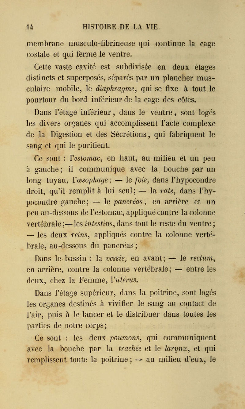 membrane musculo-fibrineuse qui continue la cage costale et qui ferme le ventre. Cette vaste cavité est subdivisée en deux étages distincts et superposés, séparés par un plancher mus- culaire mobile, le diaphragme, qui se fixe à tout le pourtour du bord inférieur de la cage des côtes. Dans l'étage inférieur, dans le ventre, sont logés les divers organes qui accomplissent l'acte complexe de la Digestion et des Sécrétions, qui fabriquent le sang et qui le purifient. Ce sont : l'estomac, en haut, au milieu et un peu à gauche; il communique avec la bouche par un long tuyau, Yœsophage; — le foie, dans l'hypocondre droit, qu'il remplit à lui seul; — la rate, dans l'hy- pocondre gauche; — le pancréas, en arrière et un peu au-dessous de l'estomac, appliqué contre la colonne vertébrale ;—les intestins, dans tout le reste du ventre ; — les deux reins, appliqués contre la colonne verté- brale, au-dessous du pancréas ; Dans le bassin : la vessie, en avant; — le rectum, en arrière, contre la colonne vertébrale ; — entre les deux, chez la Femme, Yutérus. Dans l'étage supérieur, dans la poitrine, sont logés les organes destinés à vivifier le sang au contact de l'air, puis à le lancer et le distribuer dans toutes les parties de notre corps; Ce sont : les deux poumons, qui communiquent avec la bouche par la trachée et le larynx, et qui remplissent toute la poitrine ; — au milieu d'eux, le