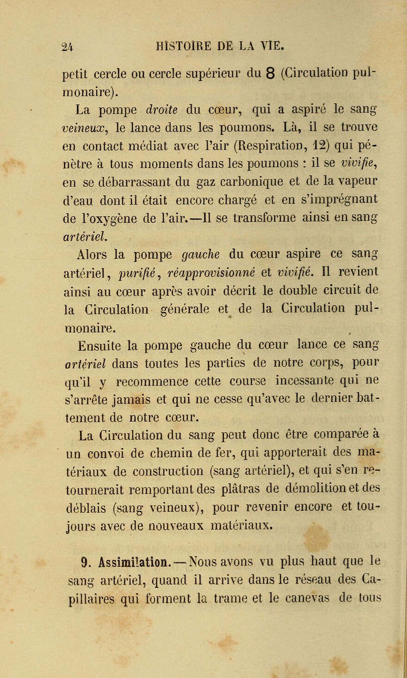 petit cercle ou cercle supérieur du 8 (Circulation pul- monaire). La pompe droite du cœur, qui a aspiré le sang veineux, le lance dans les poumons. Là, il se trouve en contact médiat avec l'air (Respiration, 12) qui pé- nètre à tous moments dans les poumons : il se vivifie, en se débarrassant du gaz carbonique et de la vapeur d'eau dont il était encore chargé et en s'imprégnant de l'oxygène de l'air.—Il se transforme ainsi en sang artériel. Alors la pompe gauche du cœur aspire ce sang artériel, purifié, réapprovisionné et vivifié. Il revient ainsi au cœur après avoir décrit le double circuit de la Circulation générale et de la Circulation pul- monaire. Ensuite la pompe gauche du cœur lance ce sang artériel dans toutes les parties de notre corps, pour qu'il y recommence cette course incessante qui ne s'arrête jamais et qui ne cesse qu'avec le dernier bat- tement de notre cœur. La Circulation du sang peut donc être comparée à un convoi de chemin de fer, qui apporterait des ma- tériaux de construction (sang artériel), et qui s'en re- tournerait remportant des plâtras de démolition et des déblais (sang veineux), pour revenir encore et tou- jours avec de nouveaux matériaux. 9. Assimilation. —Nous avons vu plus haut que le sang artériel, quand il arrive dans le réseau des Ca- pillaires qui forment la trame et le canevas de tous