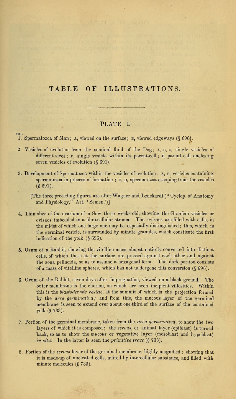 TABLE OF ILLUSTRATIONS. PLATE I. MO. 1. Spermatozoa of Man; a, viewed on the surface; b, viewed edgeways (§ 690). 2. Vesicles of evolution from the seminal fluid of the Dog; A, b, c, single vesicles of different sizes; d, single vesicle within its parent-cell; e, parent-cell enclosing seven vesicles of evolution (§ 691). 3. Development of Spermatozoa within the vesicles of evolution : a, b, vesicles containing spermatozoa in process of formation ; c, d, spermatozoa escaping from the vesicles (§691). [The three preceding figures are after Wagner and Leuckardt ( Cyclop, of Anatomy and Physiology, Art. ' Semen.')] 4. Thin slice of the ovarium of a Sow three weeks old, showing the Graafian vesicles or ovisacs imbedded in a fibro-cellular stroma. The ovisacs are filled with cells, in the midst of which one large one may be especially distinguished; this, which is the germinal vesicle, is surrounded by minute granules, which constitute the first indication of the yolk (§ 696). 5. Ovum of a Rabbit, showing the vitelline mass almost entirely converted into distinct cells, of which those at the surface are pressed against each other and against the zona pellucida, so as to assume a hexagonal form. The dark portion consists of a mass of vitelline spheres, which has Dot undergone this conversion (§ 696). 6. Ovum of the Rabbit, seven days after impregnation, viewed on a black ground. The outer membrane is the chorion, on which are seen incipient villosities. Within this is the blastodermic vesicle, at the summit of which is the projection formed by the area germinativa; and from this, the mucous layer of the germinal membrane is seen to extend over about one-third of the surface of the contained yolk (§ 733). 7. Portion of the germinal membrane, taken from the area germinativa, to show the two layers of which it is composed ; the serous, or animal layer (epiblast) is turned hack, so as to show the mucous or vegetative layer (mesoblast and hypoblast) in situ. In the latter is seen the primitive trace (§ 733). 8. Portion of the serous layer of the germinal membrane, highly magnified ; showing that it is made-up of nucleated cells, united by intercellular substance, and filled with minute molecules (§ 733).