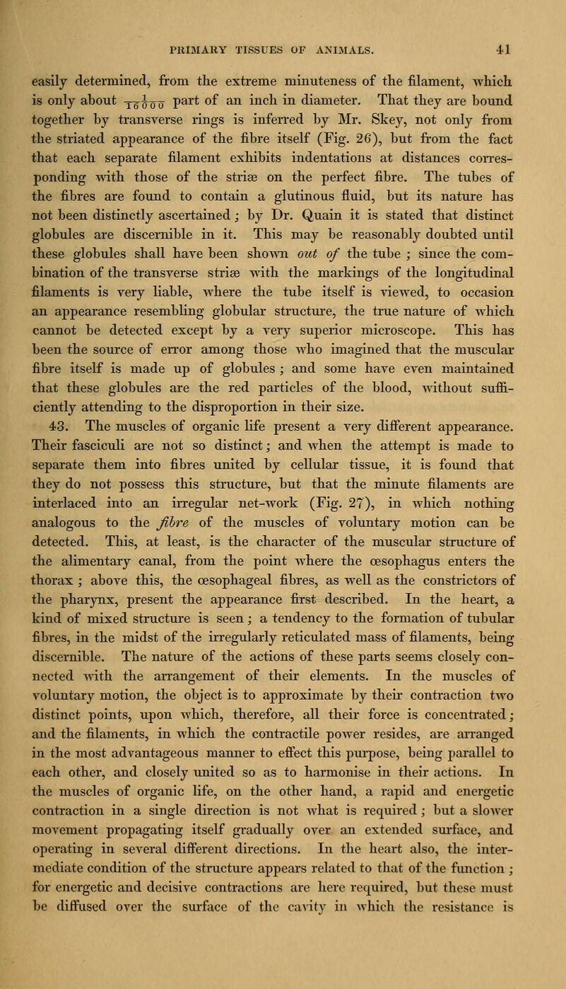 easily determined, from the extreme minuteness of the filament, Avhich is only about yfJto P'^^*' ^^ ^^ inch in diameter. That they are hound together by transverse rings is inferred by Mr. Skey, not only from the striated appearance of the fibre itself (Fig. 26), but from the fact that each separate filament exhibits indentations at distances corres- ponding mth those of the striae on the perfect fibre. The tubes of the fibres are found to contain a glutinous fluid, but its nature has not been distinctly ascertained; by Dr. Quain it is stated that distinct globules are discernible in it. This may be reasonably doubted until these globules shall hare been shown out of the tube ; since the com- bination of the transverse striae with the markings of the longitudinal filaments is very liable, where the tube itself is vicAved, to occasion an appearance resembling globular structxu'e, the true nature of Avhich cannot be detected except by a very superior microscope. This has been the source of error among those who imagined that the muscular fibre itself is made up of globules ; and some have even maintained that these globules are the red particles of the blood, without suffi- ciently attending to the disproportion in their size. 43. The muscles of organic life present a very difierent appearance. Their fasciculi are not so distinct; and when the attempt is made to separate them into fibres united by cellular tissue, it is found that they do not possess this structure, but that the minute filaments are interlaced into an irregular net-work (Fig. 27), in which nothing analogous to the Jibre of the muscles of voluntary motion can be detected. This, at least, is the character of the muscular structure of the alimentary canal, from the point where the oesophagus enters the thorax ; above this, the oesophageal fibres, as well as the constrictors of the pharynx, present the appearance first described. In the heart, a kind of mixed structure is seen ; a tendency to the formation of tubular fibres, in the midst of the irregularly reticulated mass of filaments, being discernible. The nature of the actions of these parts seems closely con- nected mth the arrangement of their elements. In the muscles of voluntary motion, the object is to approximate by their contraction two distinct points, upon which, therefore, all their force is concentrated; and the filaments, in which the contractile power resides, are an'anged in the most advantageous manner to effect this pui-pose, being parallel to each other, and closely united so as to harmonise in their actions. In the muscles of organic life, on the other hand, a rapid and energetic contraction in a single direction is not what is required; but a slower movement propagating itself gradually over an extended surface, and operating in several different directions. In the heart also, the inter- mediate condition of the structure appears related to that of the function ; for energetic and decisive contractions are here required, but these must be diffused over the surface of the caA'ity in which the resistance is