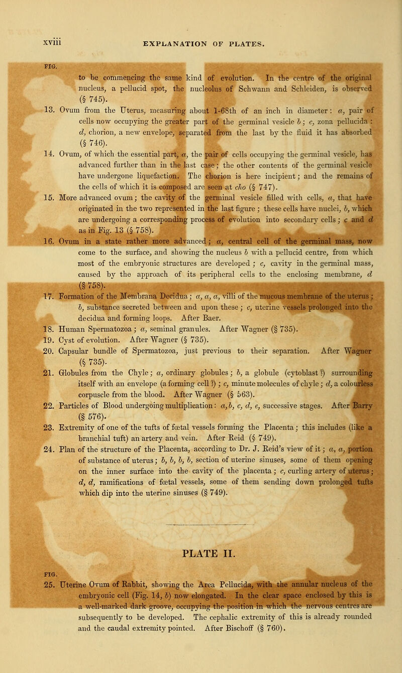 17. 22. 23. 24. to be commencing the same kind of evolution. In the centre of the original nucleus, a pellucid spot, the nucleolus of Schwann and Schleiden, is observed (§ 745). Ovum from the Uterus, measuring about l-68th of an inch in diameter: a, pair of cells now occupying the greater part of the germinal vesicle b; c, zona pellucida : d, chorion, a new envelope, separated from the last by the fluid it has absorbed (§ 746). Ovum, of which the essential part> a, the pair of cells occupying the germinal vesicle, has advanced further than in the last case; the other contents of the germinal vesicle have undergone liquefaction. The chorion is here incipient; and the remains of the cells of which it is composed are seen at clio (§ 747). More advanced ovum; the cavity of the germinal vesicle filled with cells, a, that have originated in the two represented in the last figure ; these cells have nuclei, b, which are undergoing a corresponding process of evolution into secondary cells ; c and d as in Fig. 13 (§ 758). Ovum in a state rather more advanced; a, central cell of the germinal mass, now come to the surface, and showing the nucleus b with a pellucid centre, from which most of the embryonic structures are developed ; c, cavity in the germinal mass, caused by the approach of its peripheral cells to the enclosing membrane, d Formation of the Membrana Decidua; a, a, a, villi of the mucous membrane of the uterus ; b, substance secreted between and upon these ; c, uterine vessels prolonged into the decidua and forming loops. After Baer. Human Spermatozoa; a, seminal granules. After Wagner (§ 735). Cyst of evolution. After Wagner (§ 735). Capsular bundle of Spermatozoa, just previous to their separation. After Wagner (§735). Globules from the Chyle; a, ordinary globules; b, a globule (cytoblast ]) surrounding itself with an envelope (a forming cell ?) ; c, minute molecules of chyle; d, a colourless corpuscle from the blood. After Wagner (§ 563). Particles of Blood undergoing multiplication: a, b, c, d, e, successive stages. After Barry (§ 576). Extremity of one of the tufts of foetal vessels forming the Placenta; this includes (like a branchial tuft) an artery and vein. After Reid (§ 749). Plan of the structure of the Placenta, according to Dr. J. Eeid's view of it; a, a, portion of substance of uterus; b, b, b, b, section of uterine sinuses, some of them opening on the inner surface into the cavity of the placenta; c, curling artery of uterus; d, d, ramifications of foetal vessels, some of them sending down prolonged tufts which dip into the uterine sinuses (§ 749). PLATE II. 25. Uterine Ovum of Babbit, showing the Area Pellucida, with the annular nucleus of the embryonic cell (Fig. 14, b) now elongated. In the clear space enclosed by this is a well-marked dark groove, occupying the position in which the nervous centres are subsequently to be developed. The cephalic extremity of this is already rounded and the caudal extremity pointed. After Bischoff (§ 760).