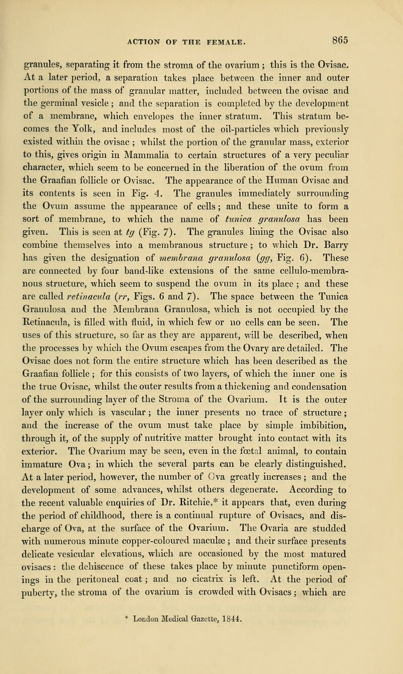 granules, separating it from the stroma of the ovarium; this is the Ovisac. At a later period, a separation takes place between the inner and outer portions of the mass of granular matter, included between the ovisac and the germinal vesicle ; and the separation is completed by the development of a membrane, which envelopes the inner stratum. This stratum be- comes the Yolk, and includes most of the oil-particles which previously existed within the ovisac ; whilst the portion of the granular mass, exterior to this, gives origin in Mammalia to certain structures of a very peculiar character, which seem to be concerned in the liberation of the ovum from the Graafian follicle or Ovisac. The appearance of the Human Ovisac and its contents is seen in Fig. 4. The granules immediately surrounding the Ovum assume the appearance of cells; and these unite to form a sort of membrane, to which the name of tunica granulosa has been given. This is seen at tg (Fig. 7). The granules lining the Ovisac also combine themselves into a membranous structure ; to which Dr. Barry has given the designation of membrana granulosa (gg, Fig. 6). These are connected by four band-like extensions of the same cellulo-membra- nous structure, which seem to suspend the ovum in its place ; and these are called retinacula (rr, Figs. 6 and 7). The space between the Tunica Granulosa and the Membrana Granulosa, which is not occupied by the Retinacula, is filled with fluid, in which few or no cells can be seen. The uses of this structure, so far as they are apparent, will be described, when the processes by which the Ovum escapes from the Ovary are detailed. The Ovisac does not form the entire structure which has been described as the Graafian follicle ; for this consists of two layers, of which the inner one is the true Ovisac, whilst the outer results from a thickening and condensation of the surrounding layer of the Stroma of the Ovarium. It is the outer layer only which is vascular; the inner presents no trace of structure; and the increase of the ovum must take place by simple imbibition, through it, of the supply of nutritive matter brought into contact with its exterior. The Ovarium may be seen, even in the foetal animal, to contain immature Ova; in which the several parts can be clearly distinguished. At a later period, however, the number of Gva greatly increases ; and the development of some advances, whilst others degenerate. According to the recent valuable enquiries of Dr. Ritchie,* it appears that, even during the period of childhood, there is a continual rupture of Ovisacs, and dis- charge of Ova, at the surface of the Ovarium. The Ovaria are studded with numerous minute copper-coloured maculae; and their surface presents delicate vesicular elevations, which are occasioned by the most matured ovisacs: the dehiscence of these takes place by minute puuctiform open- ings in the peritoneal coat; and no cicatrix is left. At the period of puberty, the stroma of the ovarium is crowded with Ovisacs; which are * London Medical Gazette, 1844.