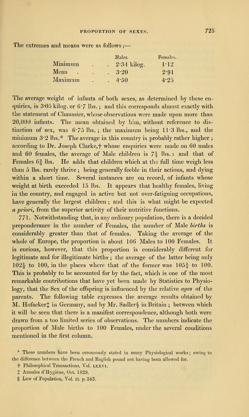 The extremes and means were as follows ;— Males. Females, Minimum . 2-34 kilog. 1-12 Mean . 3-20 2-91 Maximum . 4-50 4-25 The average weight of infants of both sexes, as determined by tbese en- quiries, is 305 kilog. or 6°7 lbs.; and this corresponds almost exactly with the statement of Chaussier, whose observations were made upon more than 20,000 infants. The mean obtained by him, without reference to dis- tinction of sex, was 6*75 lbs. ; the maximum being 11 3 lbs., and the minimum 3*2 lbs.* The average in this country is probably rather higher ; according to Dr. Joseph Clarke,-j* whose enquiries were made on GO males and 60 females, the average of Male children is 7\ lbs. : and that of Females 6f lbs. He adds that children which at the full time weigh less than 5 lbs. rarely thrive; being generally feeble in their actions, and dying within a short time. Several instances are on record, of infants whose weight at birth exceeded 15 lbs. It appears that healthy females, living in the country, and engaged in active but not over-fatiguing occupations, have generally the largest children ; and this is what might be expected a priori, from the superior activity of their nutritive functions. 771. Notwithstanding that, in any ordinary population, there is a decided preponderance in the number of Females, the number of Male births is considerably greater than that of females. Taking the average of the whole of Europe, the proportion is about 106 Males to 100 Females. It is curious, however, that this proportion is considerably different for legitimate and for illegitimate births ; the average of the latter being only 102^- to 100, in the places where that of the former was 105f to 100. This is probably to be accounted for by the fact, which is one of the most remarkable contributions that have yet been made by Statistics to Physio- logy, that the Sex of the offspring is influenced by the relative ages of the parents. The following table expresses the average results obtained by M. HofackerJ in Germany, and by Mr. Sadler§ in Britain ; between which it will be seen that there is a manifest correspondence, although both were drawn from a too limited series of observations. The numbers indicate the proportion of Male births to 100 Females, under the several conditions mentioned in the first column. * These numbers have been erroneously stated in many Physiological works; owing to the difference between the French and English pound not having been allowed for. T Philosophical Transactions, Vol. lxxvi. X Annales d'Hygiene, Oct. 1829. § Law of Population, Vol. u. p. 343.
