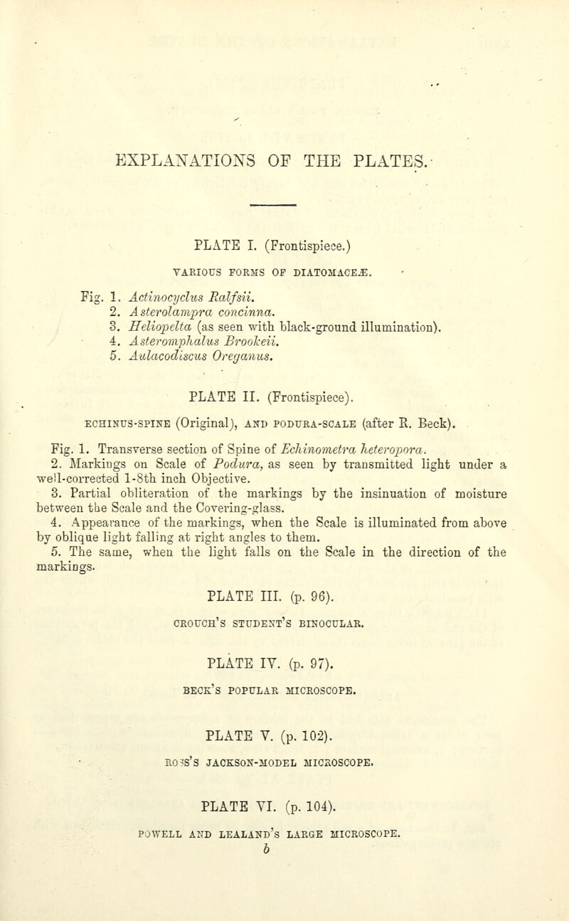 PLATE I. (Frontispiece.) VARIOUS FORMS OF DIATOMACE.E. Fig. 1. Actinocyclus Ralfsii. 2. Asterolampra concinna. 3. Eeliopelta (as seen with black-ground illumination). 4. Aster omphalus BrooTceii. 5. Aulacodlscus Oreganus. PLATE II. (Frontispiece). echinus-spine (Original), and podura-scale (after R. Beck). Fig. 1. Transverse section of Spine of Echinometra heteropora. 2. Markings on Scale of Podura, as seen by transmitted light under a well-corrected l-8th inch Objective. 3. Partial obliteration of the markings by the insinuation of moisture between the Scale and the Covering-glass. 4. Appearance of the markings, when the Scale is illuminated from above by oblique light falling at right angles to them. 5. The same, when the light falls on the Scale in the direction of the markings. PLATE III. (p. 96). crouch's student's binocular. PLATE IV. (p. 97). beck's popular microscope. PLATE V. (p. 102). ROSS'S JACKSON-MODEL MICROSCOPE. PLATE VI. (p. 104). POWELL AND LEALAND's LARGE MICROSCOPE. b