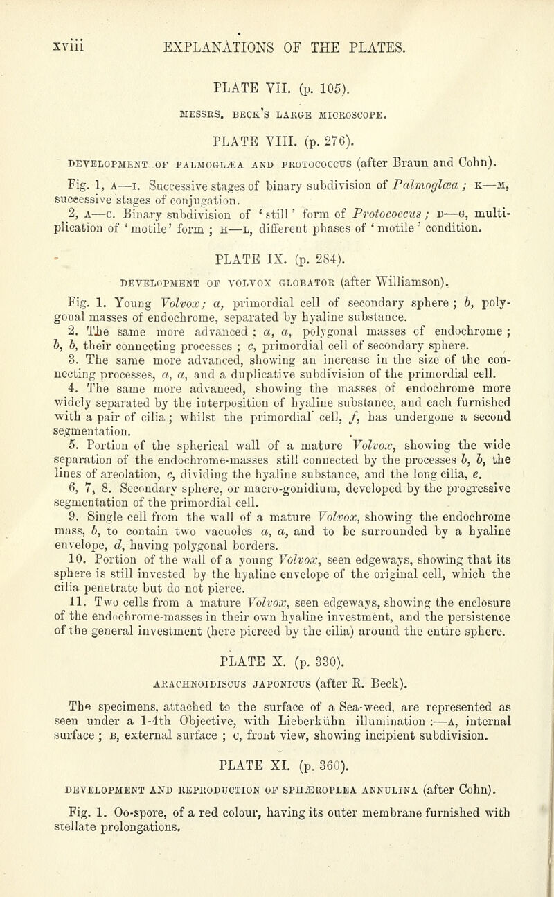 PLATE VII. (p. 105). MESSRS. BECK'S LARGE MICROSCOPE. PLATE VIII. (p. 276). development of PALMOGLiEA and protococcus (after Braun and Cohn). Fig. 1, a—i. Successive stages of binary subdivision of Palmoglcea ; k—M, successive stages of conjugation. 2, a—c. Binary subdivision of ' still' form of Protococcus ; D—G, multi- plication of ' motile' form ; h—L, different phases of ' motile ' condition. PLATE IX. (p. 284). development op volvox globator (after Williamson), Fig. 1. Young Volvox; a, prirnoi'dial cell of secondary sphere ; b, poly- gonal masses of endochrome, separated by hyaline substance. 2. Tie same more advanced ; a, a, polygonal masses cf endochrome ; b, b, their connecting processes ; c, primordial cell of secondary sphere. 3. The same more advanced, showing an increase in the size of the con- necting processes, a, a, and a duplicative subdivision of the primordial cell. 4. The same more advanced, showing the masses of endochrome more widely separated by the interposition of hyaline substance, and each furnished with a pair of cilia; whilst the primordial' cell, /, has undergone a second segmentation. 5. Portion of the spherical wall of a mature Volvox, showing the wide separation of the endochrome-masses still connected by the processes b, b, the lines of areolation, c, dividing the hyaline substance, and the long cilia, e. 6. 7, 8. Secondary sphere, or macro-gonidium, developed by the progressive segmentation of the primordial cell. 9. Single cell from the wall of a mature Volvox, showing the endochrome mass, b, to contain two vacuoles a, a, and to be surrounded by a hyaline envelope, d, having polygonal borders. 10. Portion of the wall of a young Volvox, seen edgeways, showing that its sphere is still invested by the hyaline envelope of the original cell, which the cilia penetrate but do not pierce. 11. Two cells from a mature Volvox, seen edgeways, showing the enclosure of the endochrome-masses in their own hyaline investment, and the persistence of the general investment (here pierced by the cilia) around the entire sphere. PLATE X. (p. 330). arachnoidiscus japonicus (after K. Beck). Tho specimens, attached to the surface of a Sea-weed, are represented as seen under a l-4th Objective, with Lieberkiihn illumination :—a, internal surface ; B, external surface ; c, front view, showing incipient subdivision. PLATE XI. (p. 360). development and reproduction op sph^roplea annulina (after Cohn). Fig. 1. Oo-spore, of a red colour, having its outer membrane furnished with stellate prolongations.