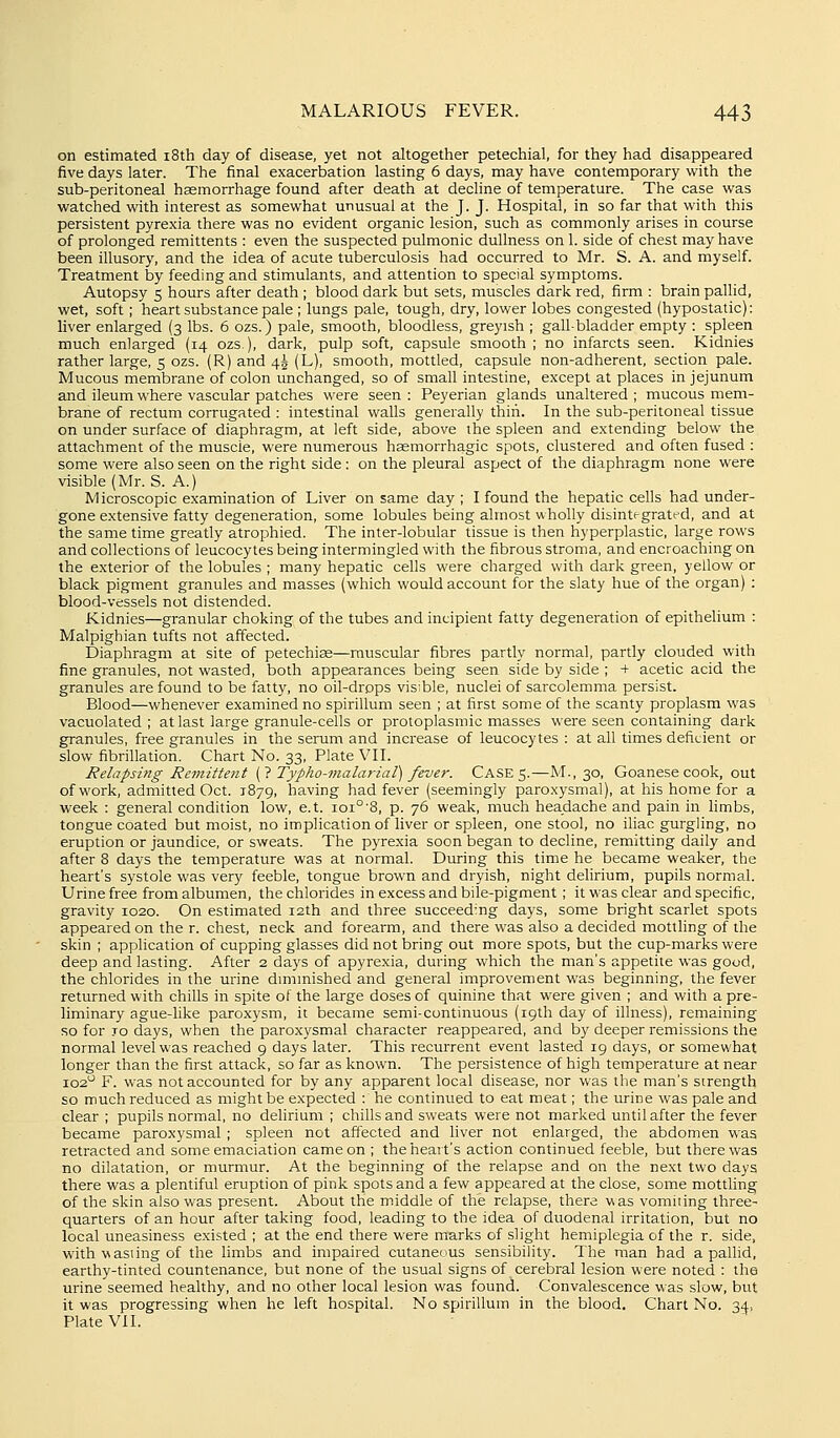 on estimated i8th day of disease, yet not altogether petechial, for they had disappeared five days later. The final exacerbation lasting 6 days, may have contemporary with the sub-peritoneal haemorrhage found after death at decline of temperature. The case was watched with interest as somewhat unusual at the J. J. Hospital, in so far that with this persistent pyrexia there was no evident organic lesion, such as commonly arises in course of prolonged remittents : even the suspected pulmonic dullness on 1. side of chest may have been illusory, and the idea of acute tuberculosis had occurred to Mr. S. A. and myself. Treatment by feeding and stimulants, and attention to special symptoms. Autopsy 5 hours after death ; blood dark but sets, muscles dark red, firm : brain paUid, wet, soft ; heart substance pale ; lungs pale, tough, dry, lower lobes congested (hypostatic): liver enlarged (3 lbs. 6 ozs.) pale, smooth, bloodless, greyish ; gall-bladder empty : spleen much enlarged (14 ozs), dark, pulp soft, capsule smooth ; no infarcts seen. Kidnies rather large, 5 ozs. (R) and 45 (L), smooth, mottled, capsule non-adherent, section pale. Mucous membrane of colon unchanged, so of small intestine, except at places in jejunum and ileum where vascular patches were seen : Peyerian glands unaltered ; mucous mem- brane of rectum corrugated : intestinal walls generally thiii. In the sub-peritoneal tissue on under surface of diaphragm, at left side, above the spleen and extending below the attachment of the muscle, were numerous hsemorrhagic spots, clustered and often fused : some were also seen on the right side: on the pleural aspect of the diaphragm none were visible (Mr. S. A.) Microscopic examination of Liver on same day ; I found the hepatic cells had under- gone extensive fatty degeneration, some lobules being almost wholly disintegrated, and at the same time greatly atrophied. The inter-lobular tissue is then hyperplastic, large rows and collections of leucocytes being intermingled with the fibrous stroma, and encroaching on the exterior of the lobules ; many hepatic cells were charged with dark green, yellow or black pigment granules and masses (which would account for the slaty hue of the organ) : blood-vessels not distended. Kidnies—granular choking of the tubes and incipient fatty degeneration of epithelium : Malpighian tufts not affected. Diaphragm at site of petechias—muscular fibres partly normal, partly clouded with fine granules, not wasted, both appearances being seen side by side ; + acetic acid the granules are found to be fatty, no oil-drops visible, nuclei of sarcolemma persist. Blood—whenever examined no spirillum seen ; at first some of the scanty proplasm was vacuolated ; at last large granule-cells or protoplasinic masses were seen containing dark granules, free granules in the serum and increase of leucocytes : at all times deficient or slow fibrillation. Chart No. 33, Plate VII. Relapsi7ig Remittent {} Typho-vialarial) fever. Case 5.—M., 30, Goanese cook, out of work, admitted Oct. 1879, having had fever (seemingly paroxysmal), at his home for a week : general condition low, e.t. 101°'S, p. 76 weak, much headache and pain in limbs, tongue coated but moist, no implication of liver or spleen, one stool, no iliac gurgling, no eruption or jaundice, or sweats. The pyrexia soon began to decline, remitting daily and after 8 days the temperature was at normal. During this time he became weaker, the heart's systole was very feeble, tongue brown and dryish, night delirium, pupils normal. Urine free from albumen, the chlorides in excess and bile-pigment ; it was clear and specific, gravity 1020. On estimated 12th and three succeeding days, some bright scarlet spots appeared on the r. chest, neck and forearm, and there was also a decided mottling of the skin ; application of cupping glasses did not bring out more spots, but the cup-marks were deep and lasting. After 2 days of apyrexia, during which the man's appetite was good, the chlorides in the urine dnnmished and general improvement was beginning, the fever returned with chills in spite of the large doses of quinine that were given ; and with a pre- liminary ague-like parox3'sm, it became semi-continuous (19th day of illness), remaining so for TO days, when the paroxysmal character reappeared, and b}^ deeper remissions the normal level was reached 9 days later. This recurrent event lasted 19 days, or somewhat longer than the first attack, so far as known. The persistence of high teinperature at near 102^^ F. was not accounted for by any apparent local disease, nor was the man's strength so much reduced as might be expected : he continued to eat meat; the urine was pale and clear ; pupils normal, no delirium ; chills and sweats were not marked until after the fever became paroxysmal ; spleen not affected and liver not enlarged, the abdomen was retracted and some einaciation came on ; the heart's action continued feeble, but there was no dilatation, or murmur. At the beginning of the relapse and on the next two days there was a plentiful eruption of pink spots and a few appeared at the close, some mottling of the skin also was present. About the middle of the relapse, there was vomiting three- quarters of an hour after taking food, leading to the idea of duodenal irritation, but no local uneasiness existed ; at the end there were marks of slight hemiplegia of the r. side, with viasiing of the limbs and impaired cutane(jus sensibility. The man had a pallid, earthy-tinted countenance, but none of the usual signs of cerebral lesion were noted : the urine seemed healthy, and no other local lesion was found. Convalescence was slow, but it was progressing when he left hospital. No spirillum in the blood. Chart No. 34, Plate VII.